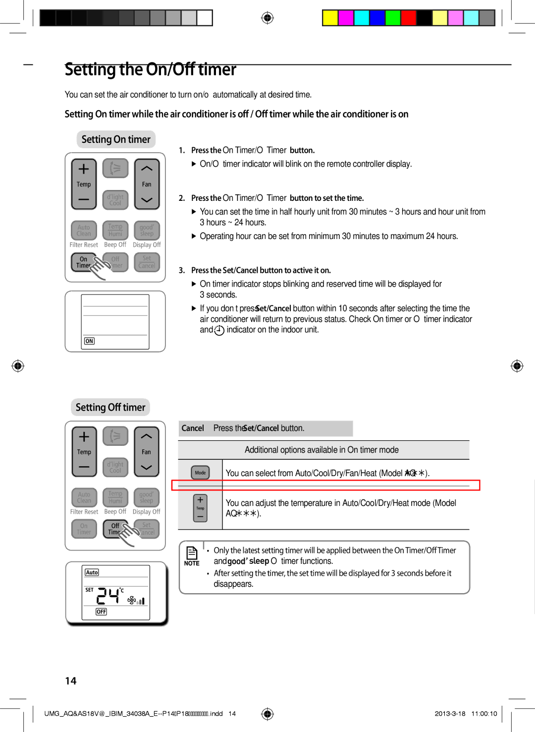 Samsung AS18VBFNUMG, AS24VBFNUMG manual SettinAA g the On/Off timer, Press the On Timer/Off Timer button 