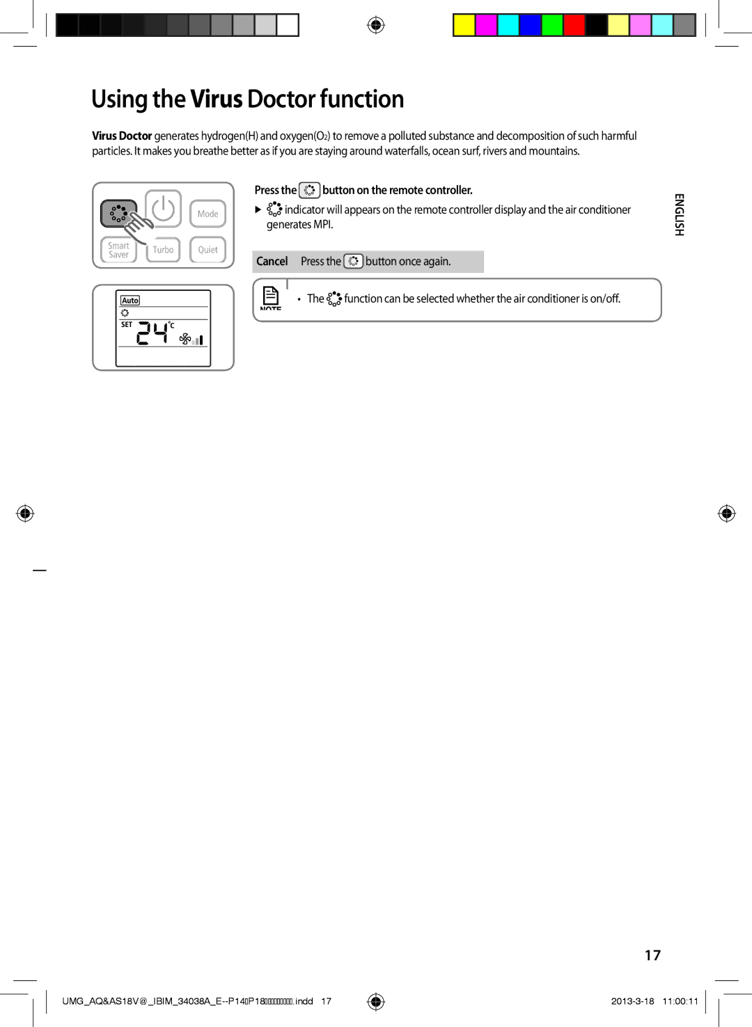 Samsung AS24VBFNUMG, AS18VBFNUMG manual Using the Virus Doctor function, Press the button on the remote controller 