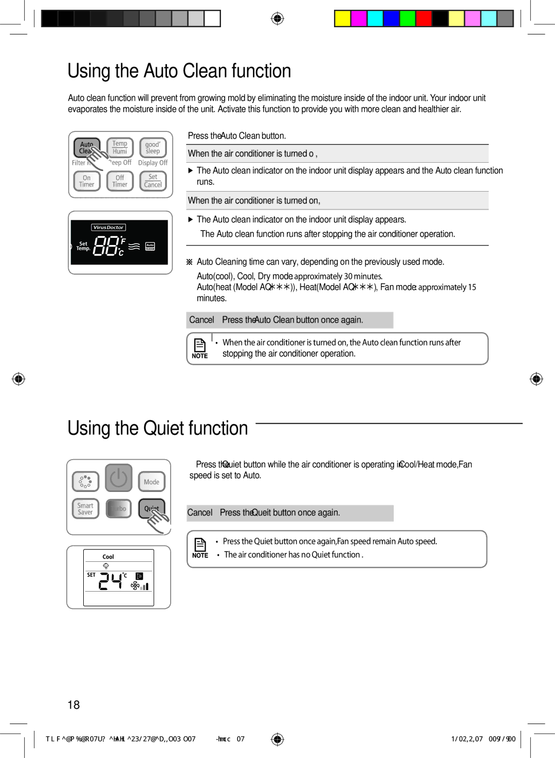 Samsung AS18VBFNUMG UsingAA the Auto Clean function, Using the Quiet function, Runs, When the air conditioner is turned on 