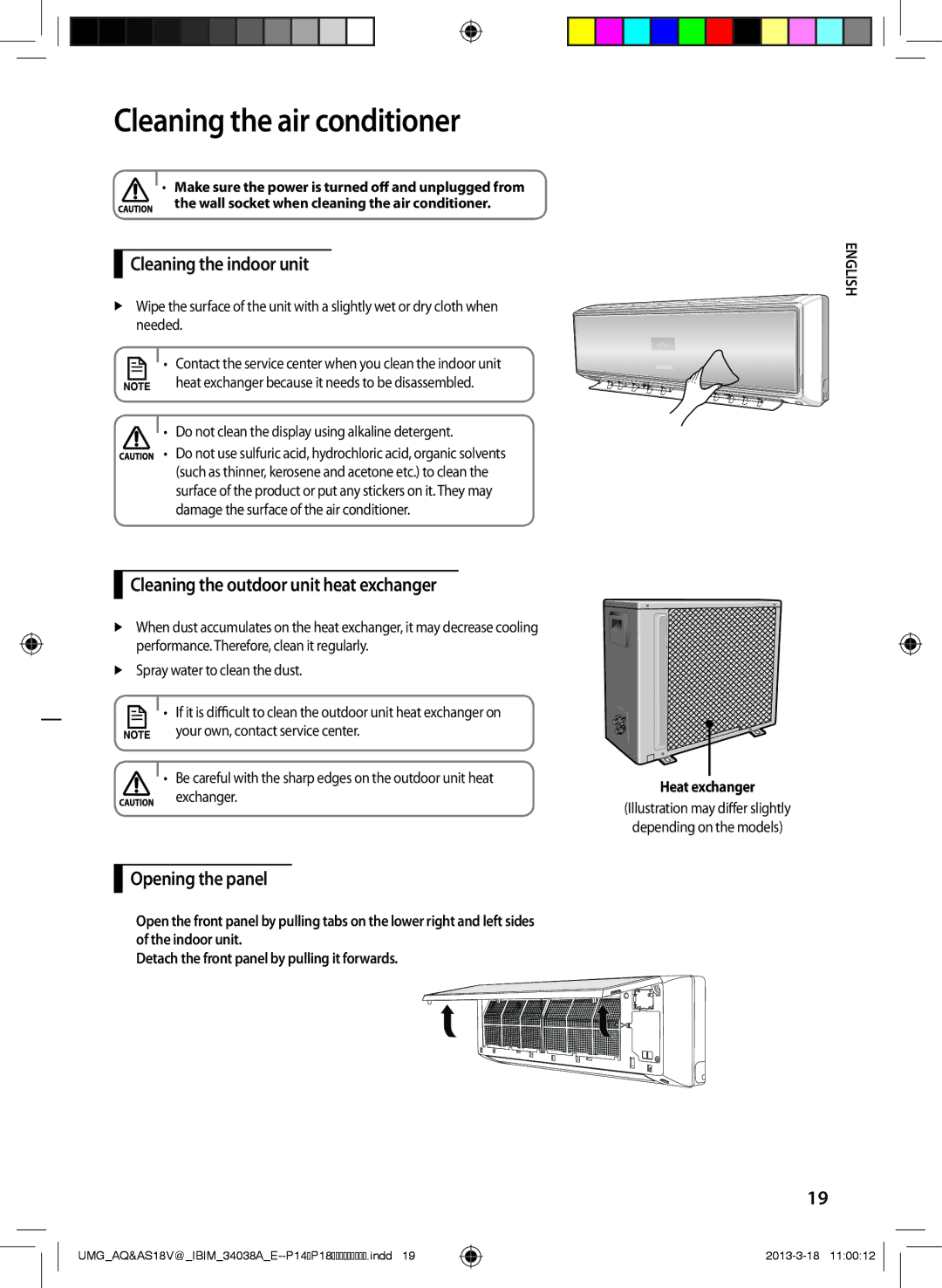 Samsung AS24VBFNUMG Cleaning the indoor unit, Cleaning the outdoor unit heat exchanger, Opening the panel, Heat exchanger 