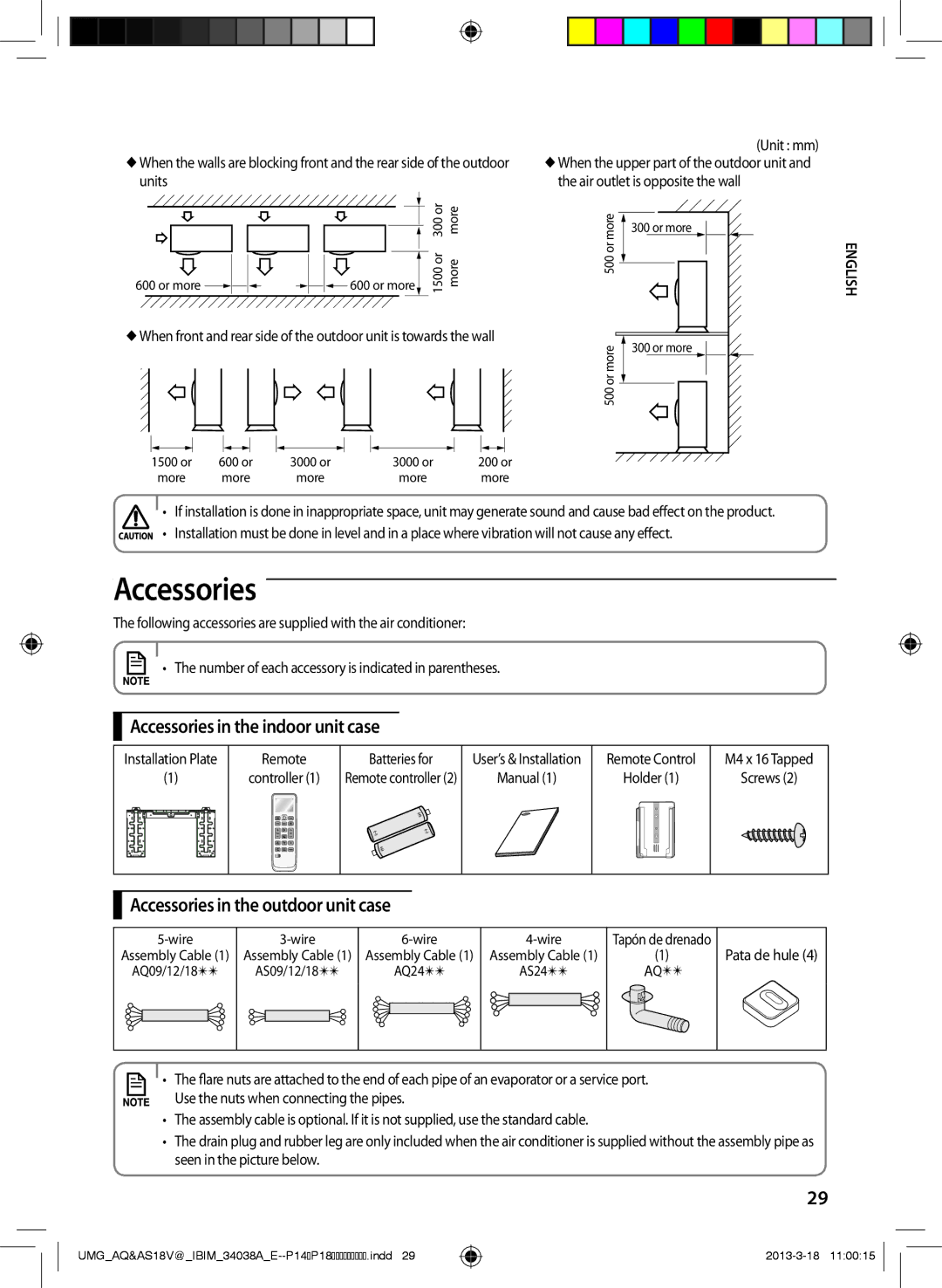 Samsung AS24VBFNUMG, AS18VBFNUMG manual Accessories in the indoor unit case, Accessories in the outdoor unit case 