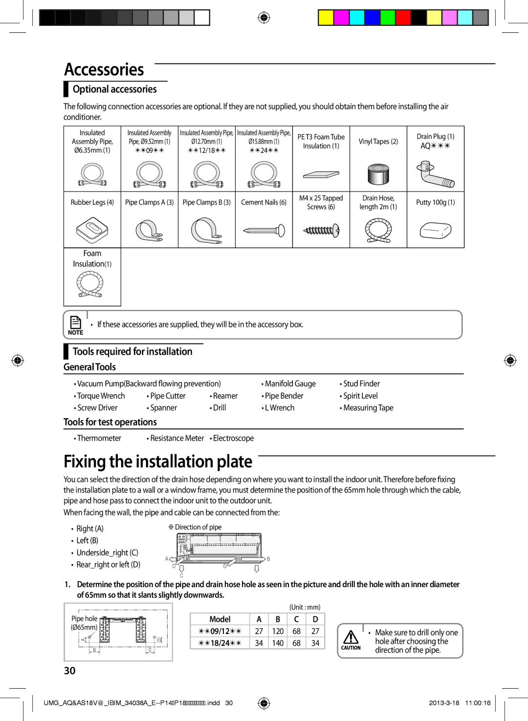 Samsung AS18VBFNUMG Fixing the installation plate, Optional accessories, Tools required for installation General Tools 