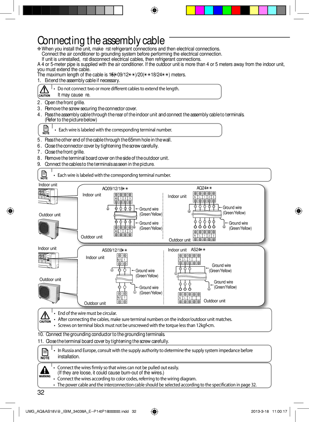 Samsung AS18VBFNUMG Extend the assembly cable if necessary, Each wire is labeled with the corresponding terminal number 