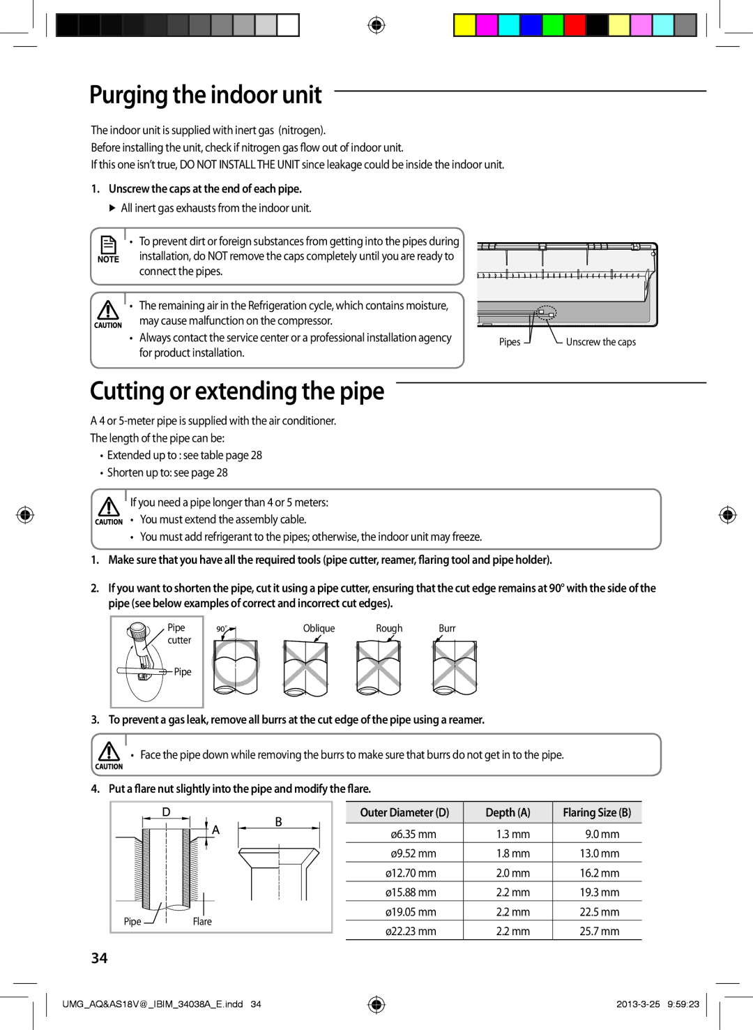 Samsung AS18VBFNUMG PurgiAA ng the indoor unit, Cutting or extending the pipe, Unscrew the caps at the end of each pipe 