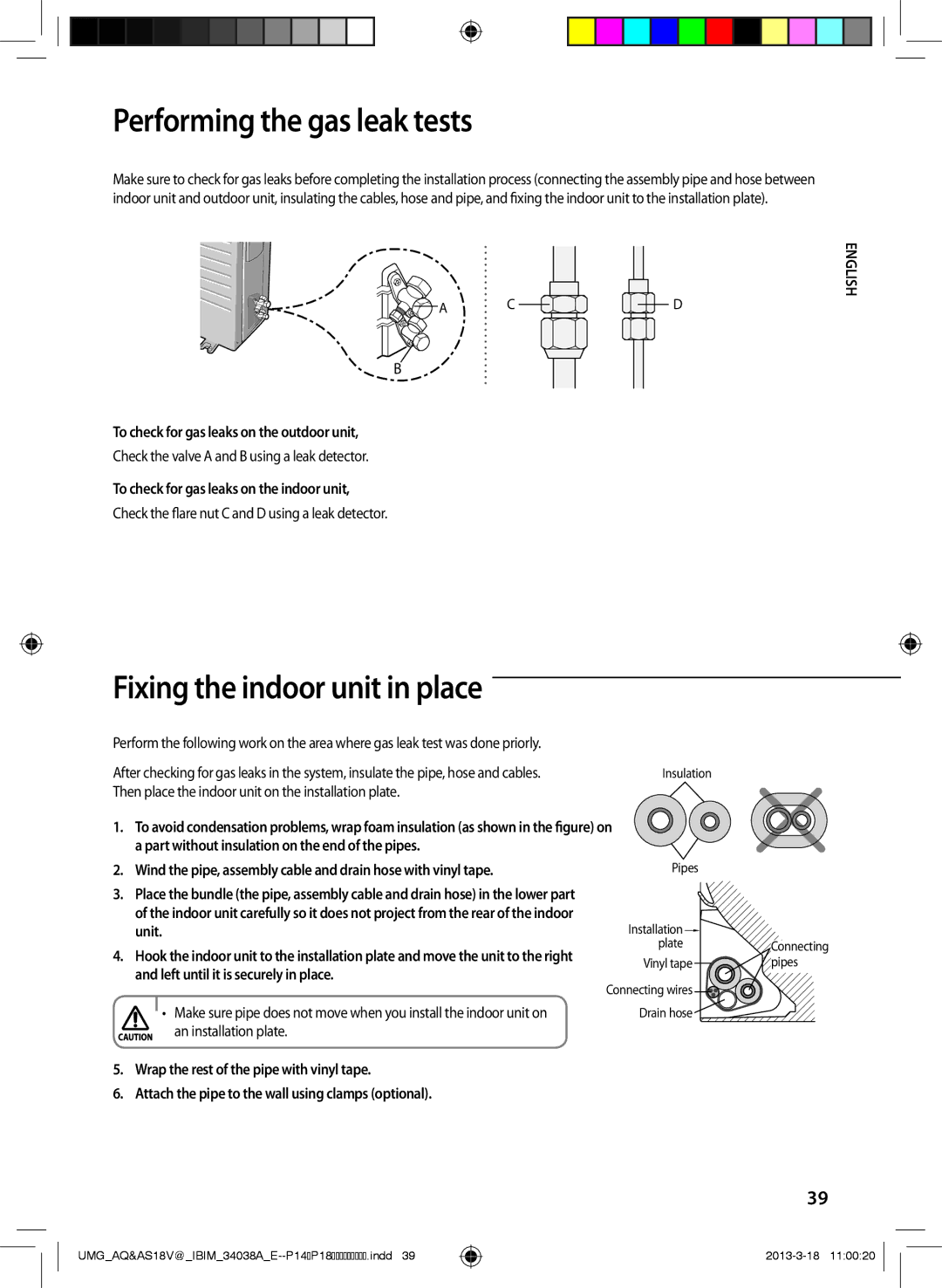 Samsung AS24VBFNUMG, AS18VBFNUMG manual PerfoAA rming the gas leak tests, Fixing the indoor unit in place 