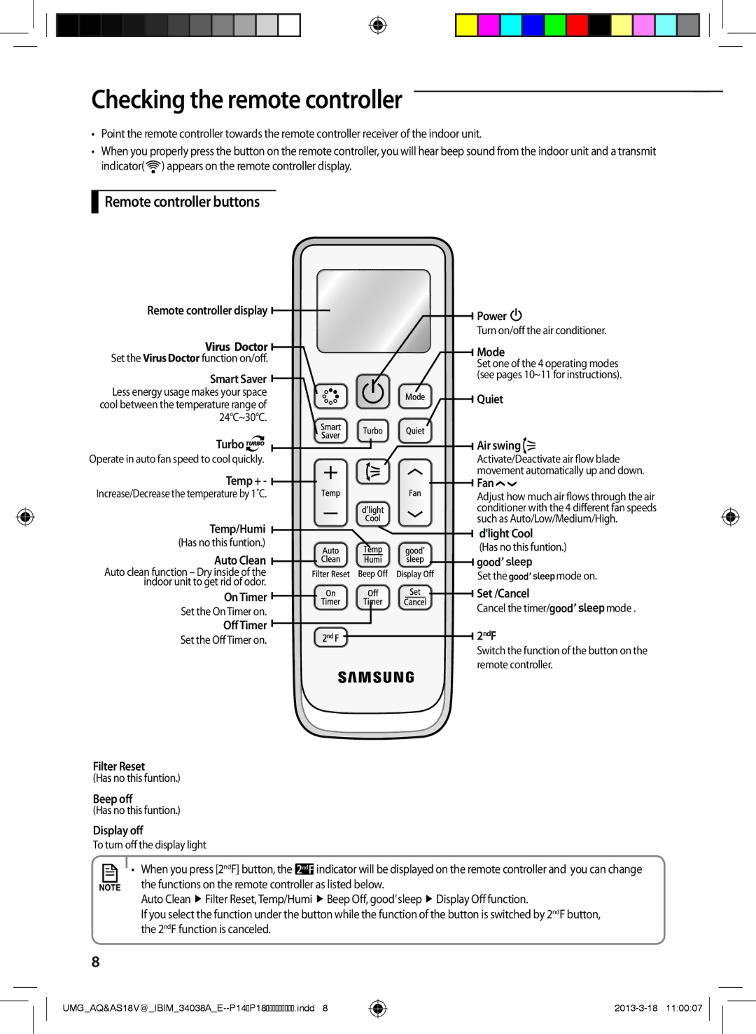 Samsung AS18VBFNUMG, AS24VBFNUMG manual ChecAA king the remote controller, Remote controller buttons 