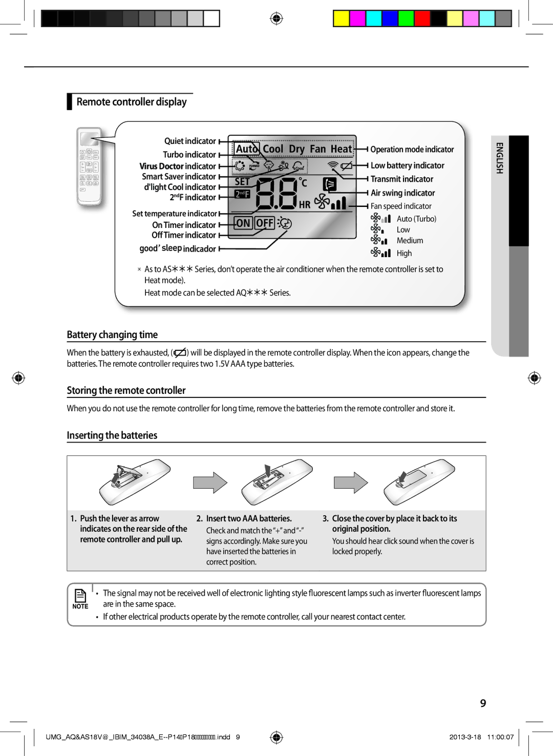 Samsung AS24VBFNUMG, AS18VBFNUMG manual Remote controller display, Battery changing time, Storing the remote controller 