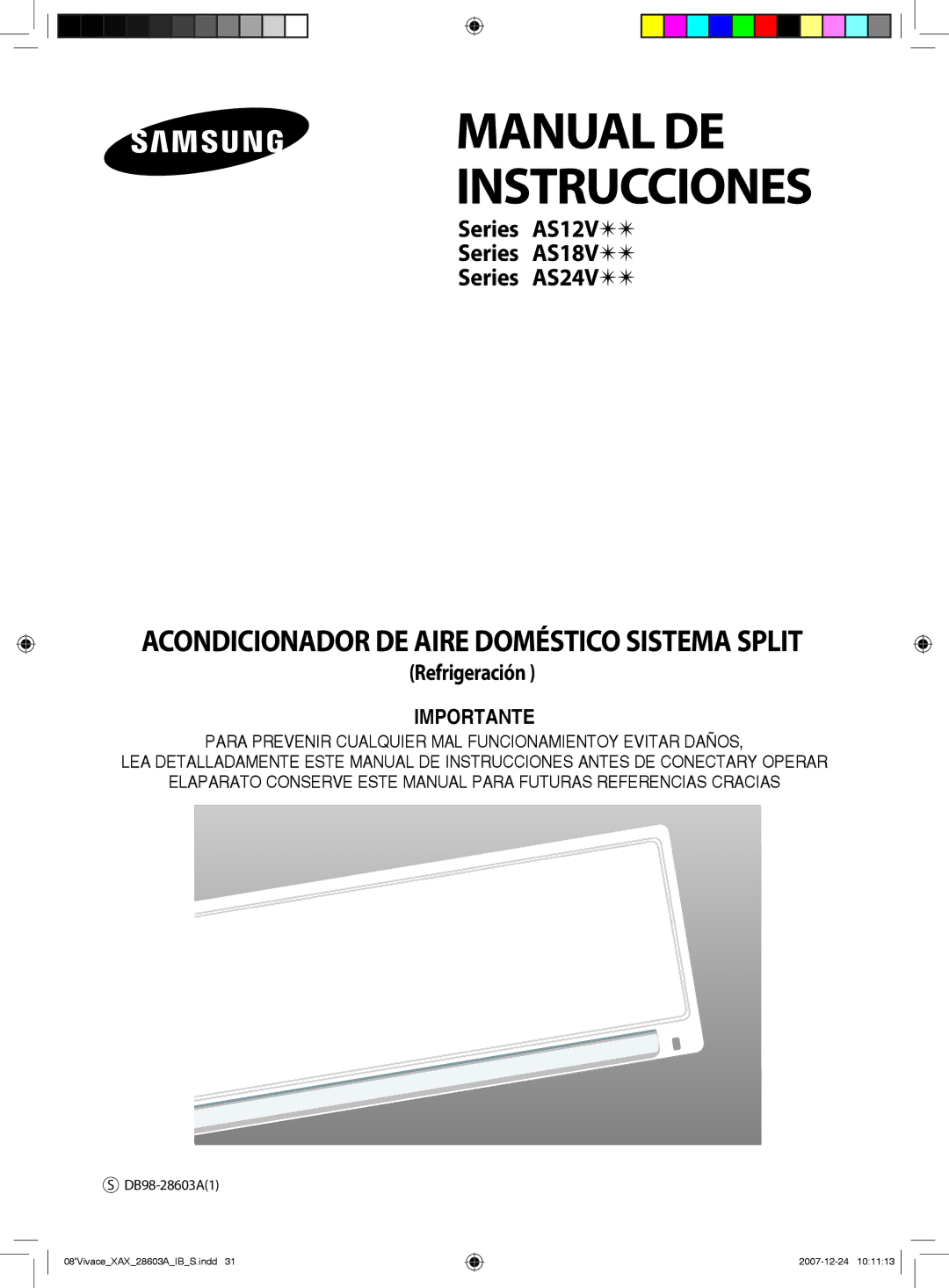 Samsung AS24VWCUMG manual Manual DE Instrucciones, Acondicionador DE Aire Doméstico Sistema Split, Refrigeración 