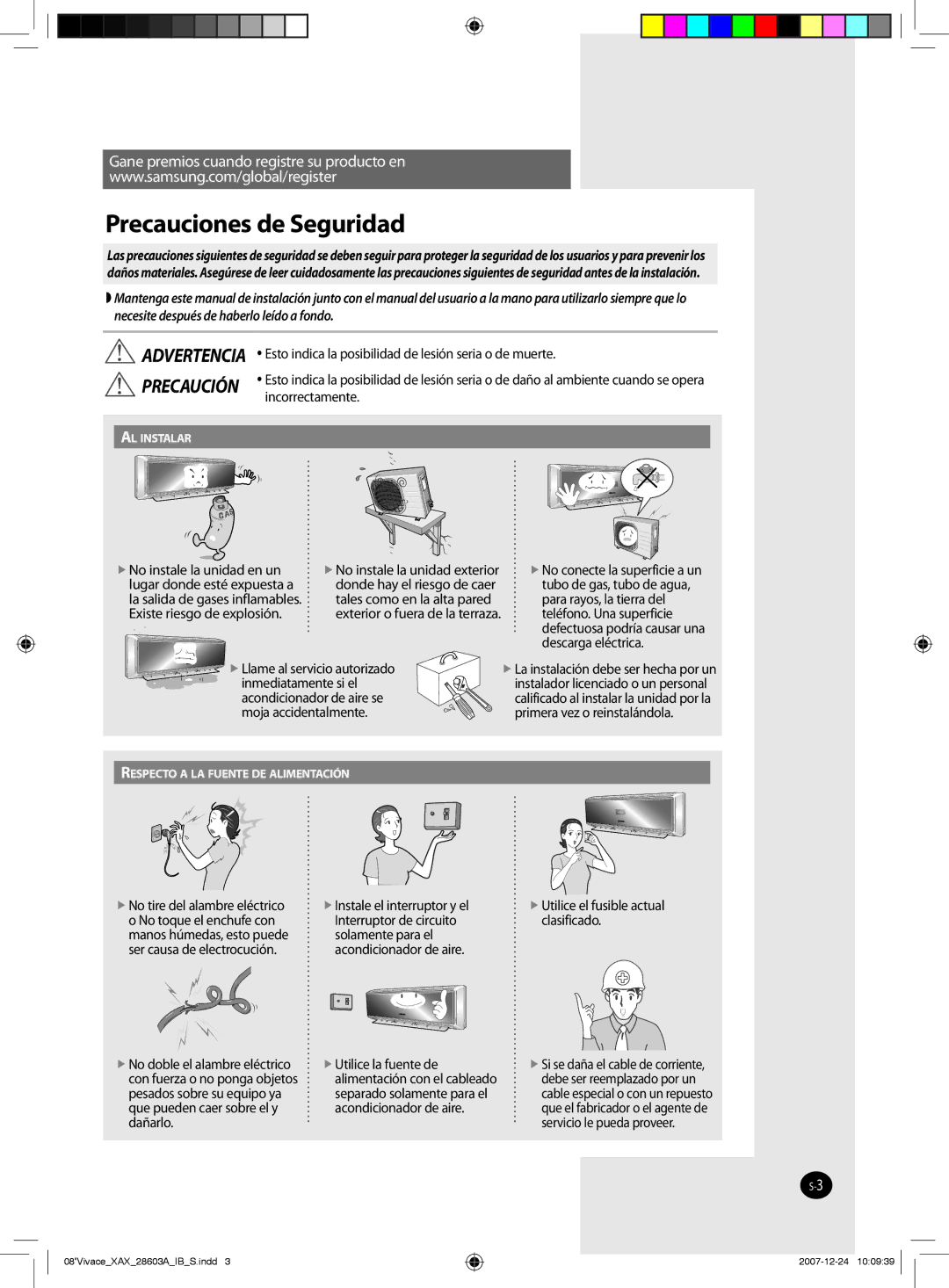 Samsung AS24VWCXXSG, AS18VWCNMID, AS24VWCUMG, AS18VWCMID manual Precauciones de Seguridad, Exterior o fuera de la terraza 