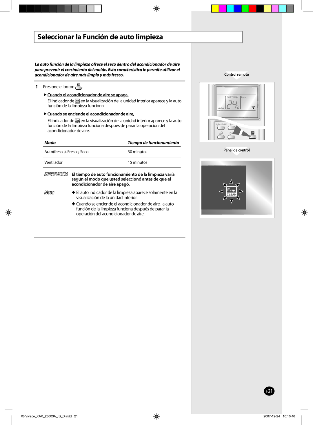 Samsung AS24VWCXXSG, AS18VWCNMID manual Seleccionar la Función de auto limpieza,  Cuando el acondicionador de aire se apaga 