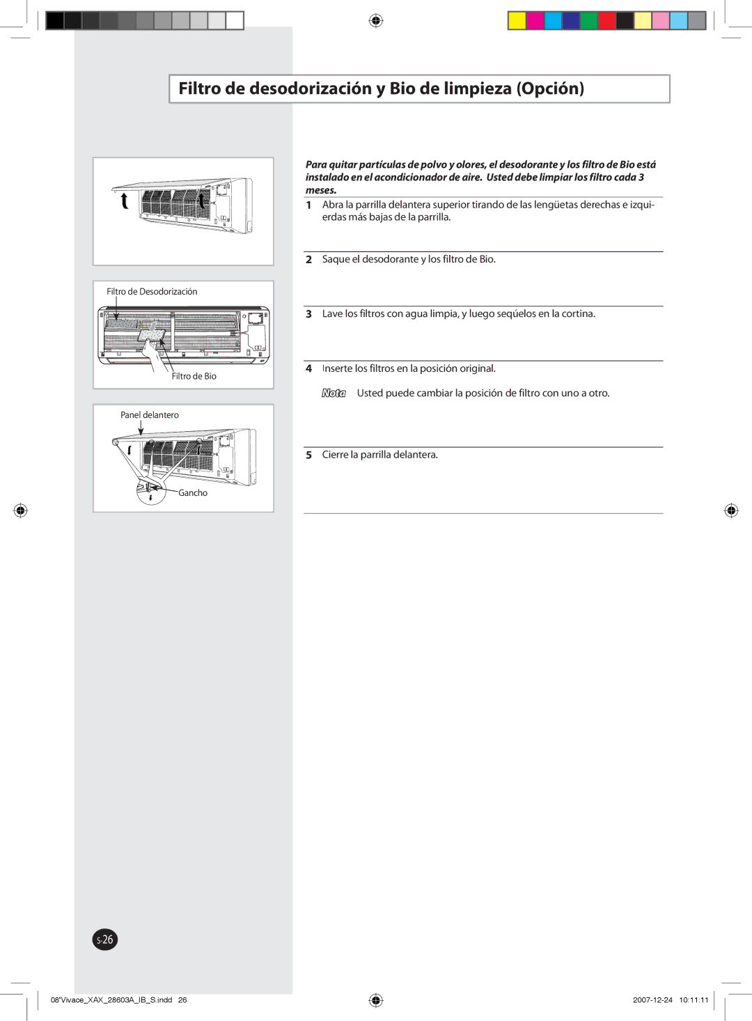 Samsung AS24VWCXMID, AS18VWCNMID, AS24VWCUMG, AS24VWCXXSG, AS18VWCMID manual Filtro de desodorización y Bio de limpieza Opción 