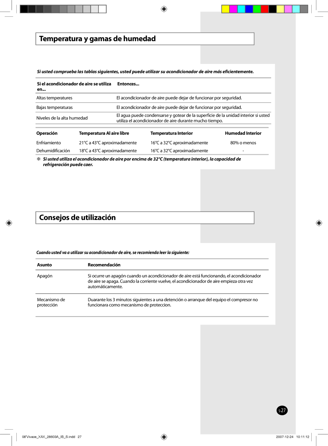 Samsung AS09VWCXMID, AS18VWCNMID, AS24VWCUMG Temperatura y gamas de humedad, Consejos de utilización, Asunto Recomendación 