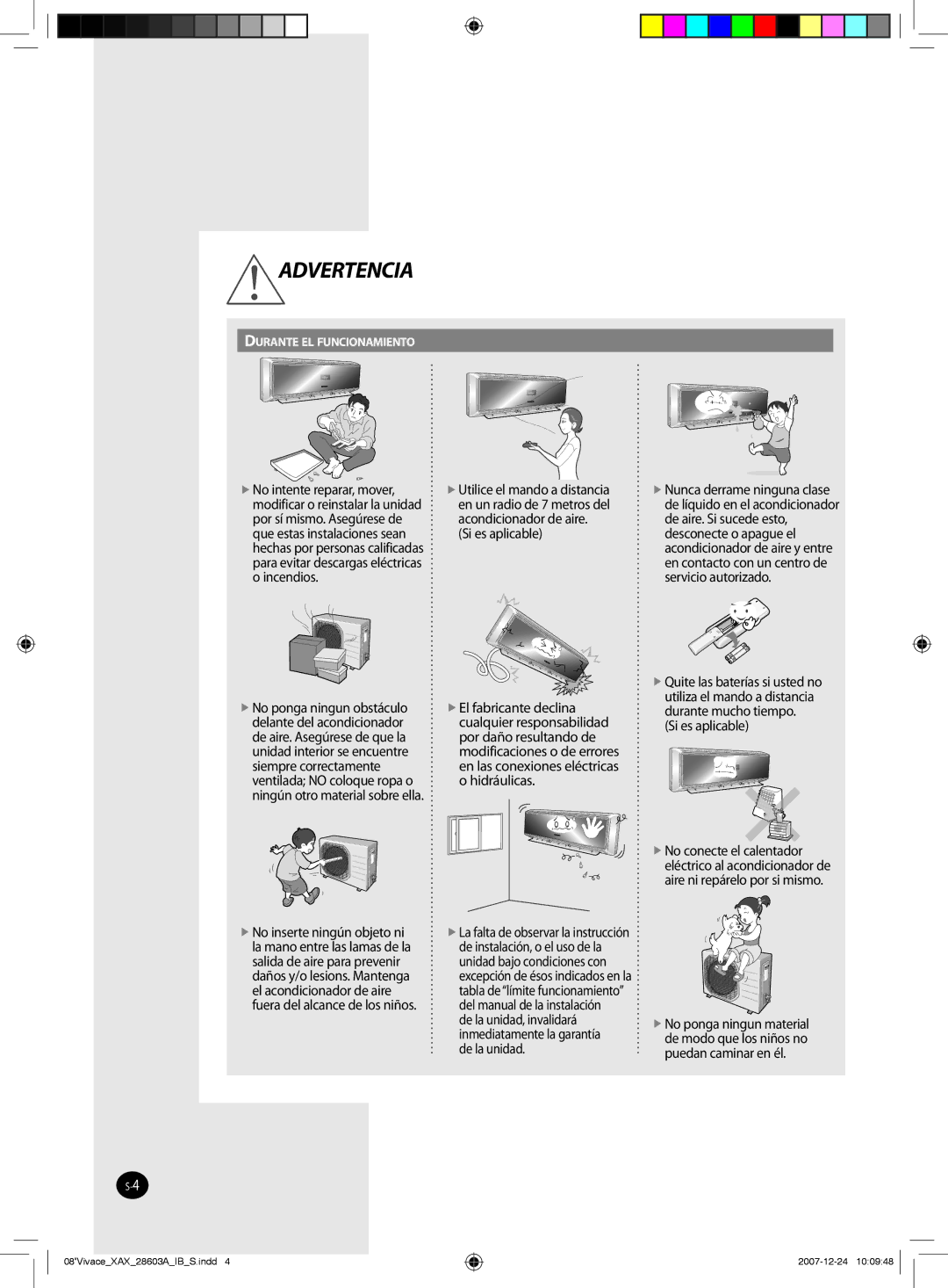 Samsung AS18VWCMID, AS18VWCNMID, AS24VWCUMG, AS24VWCXXSG, AS18VWCNUMG, AS18VWCXUMG, AS24VWCNUMG, AS24VWCXMID manual Advertencia 