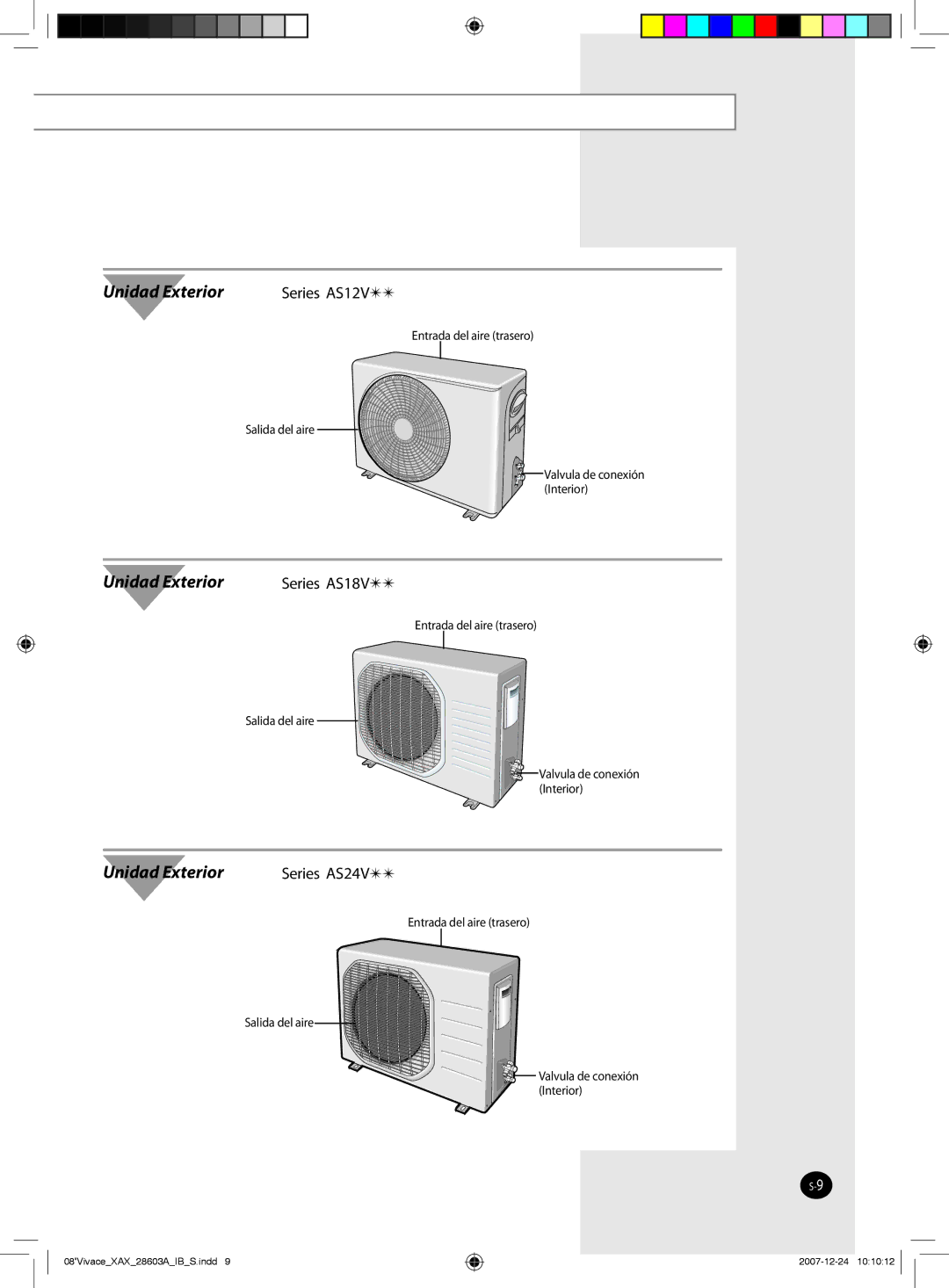 Samsung AS09VWCXMID manual Series AS12V , Series AS18V , Series AS24V , Entrada del aire trasero Salida del aire 