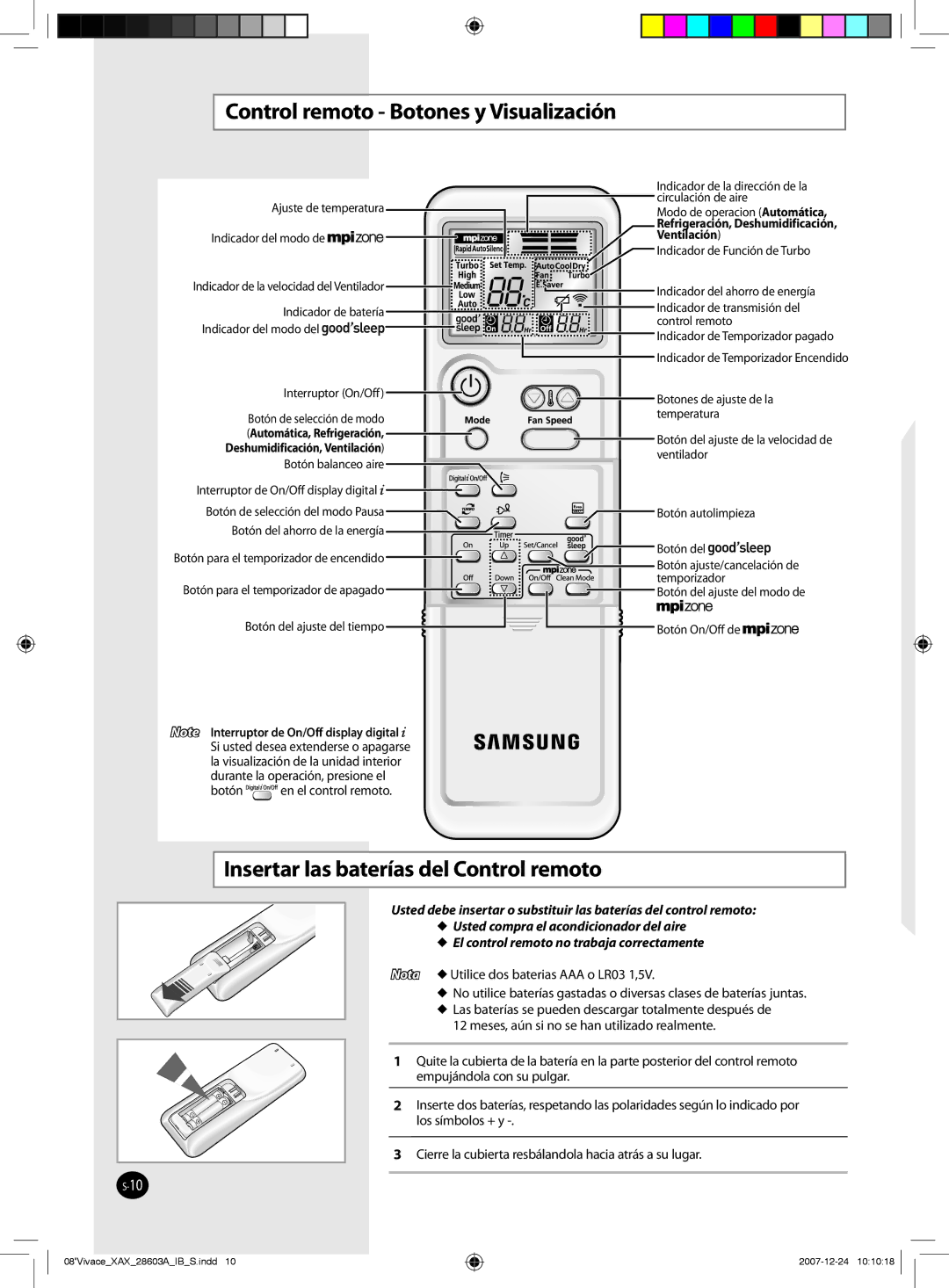 Samsung AS18VWCXMID, AS18VWCNMID, AS24VWCUMG, AS24VWCXXSG, AS18VWCMID, AS18VWCNUMG manual  Utilice dos baterias AAA o LR03 1,5V 