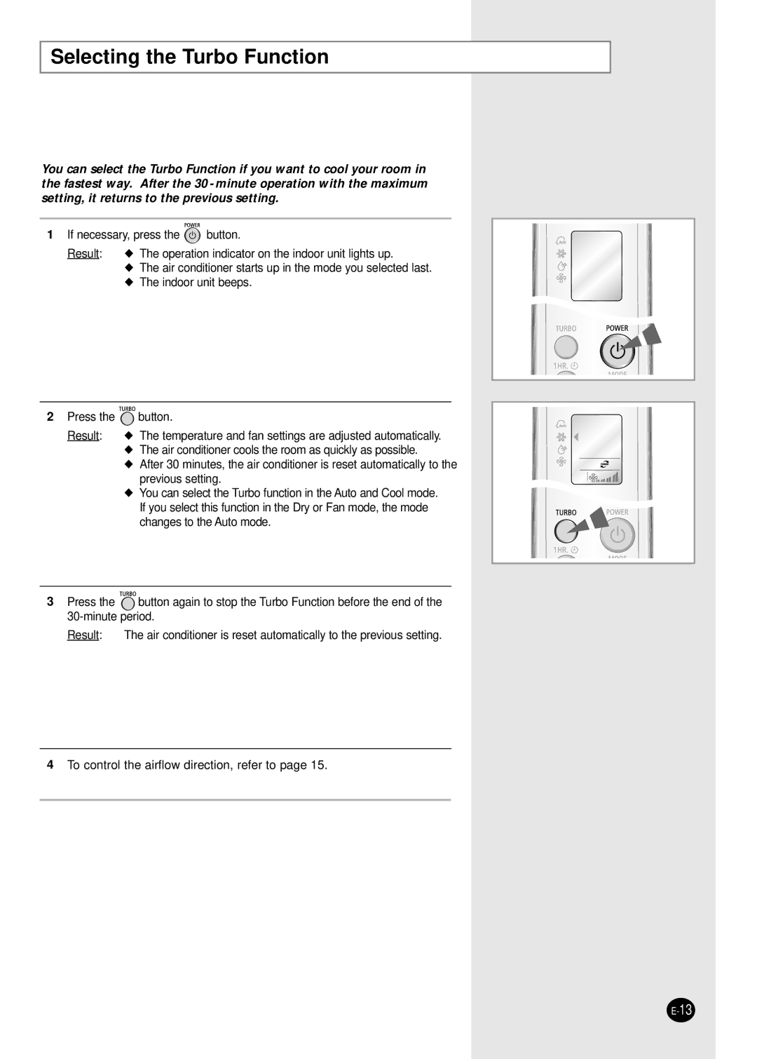 Samsung IAS24W6WE/AFR, IAS18WJWE/AFR manual Selecting the Turbo Function 