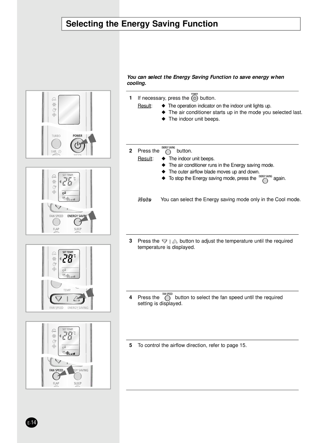 Samsung IAS24W6WE/AFR, IAS18WJWE/AFR manual Selecting the Energy Saving Function 