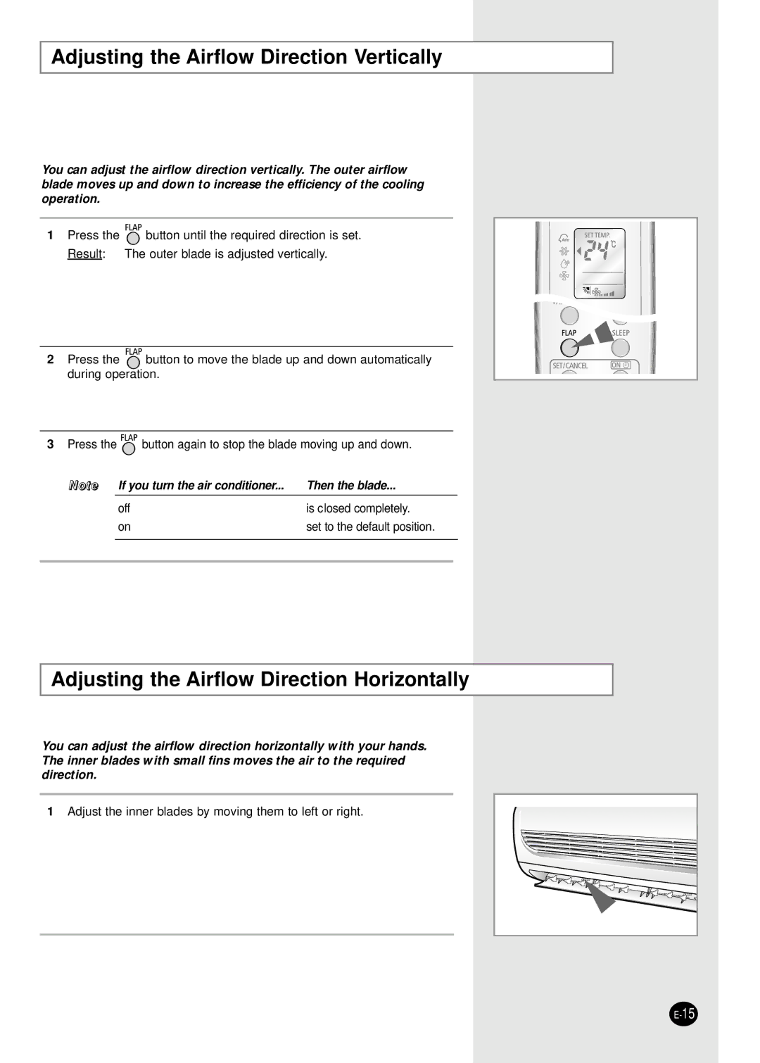 Samsung IAS18WJWE/AFR manual Adjusting the Airflow Direction Vertically, Adjusting the Airflow Direction Horizontally 