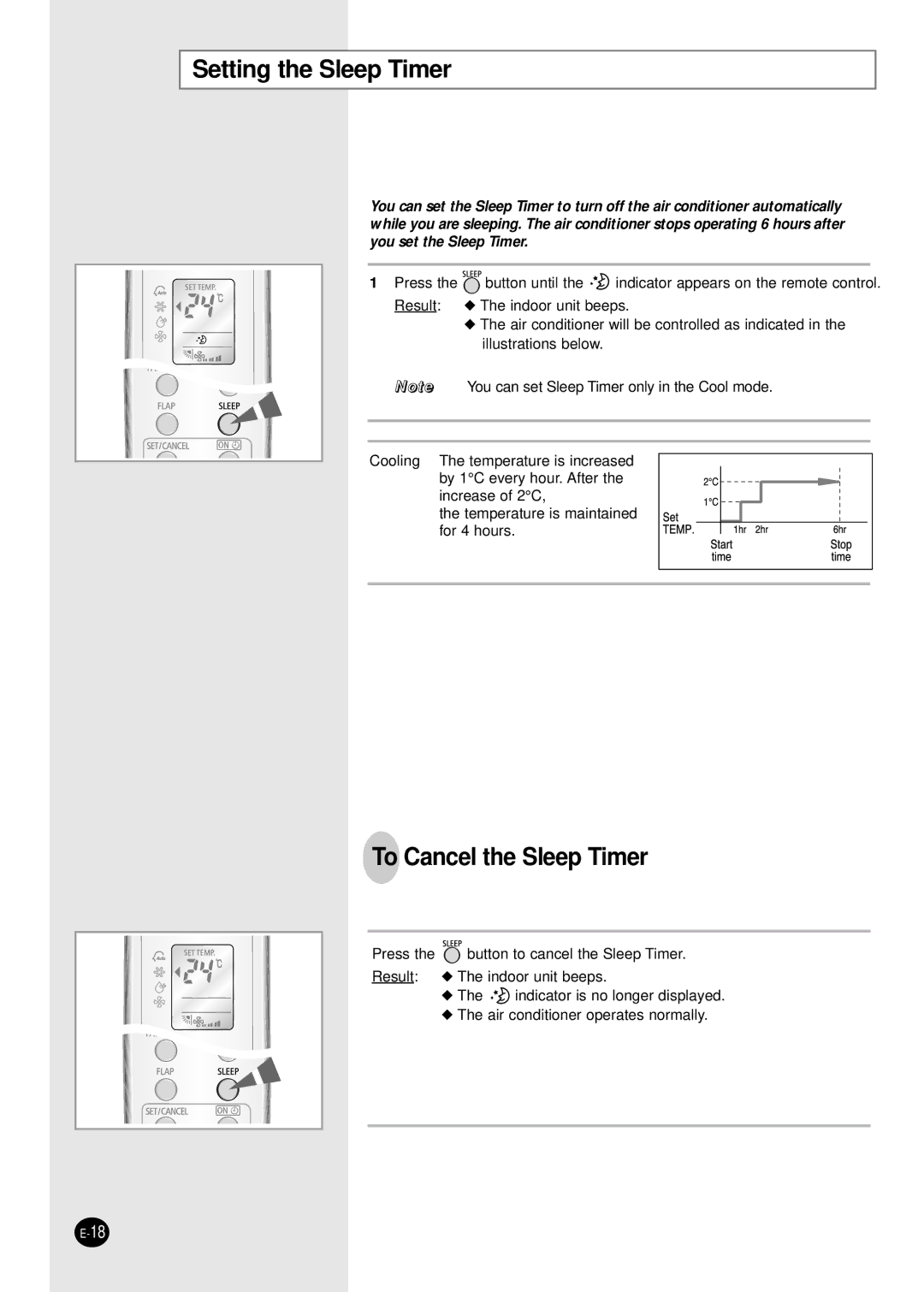 Samsung IAS24W6WE/AFR, IAS18WJWE/AFR manual Setting the Sleep Timer, To Cancel the Sleep Timer 