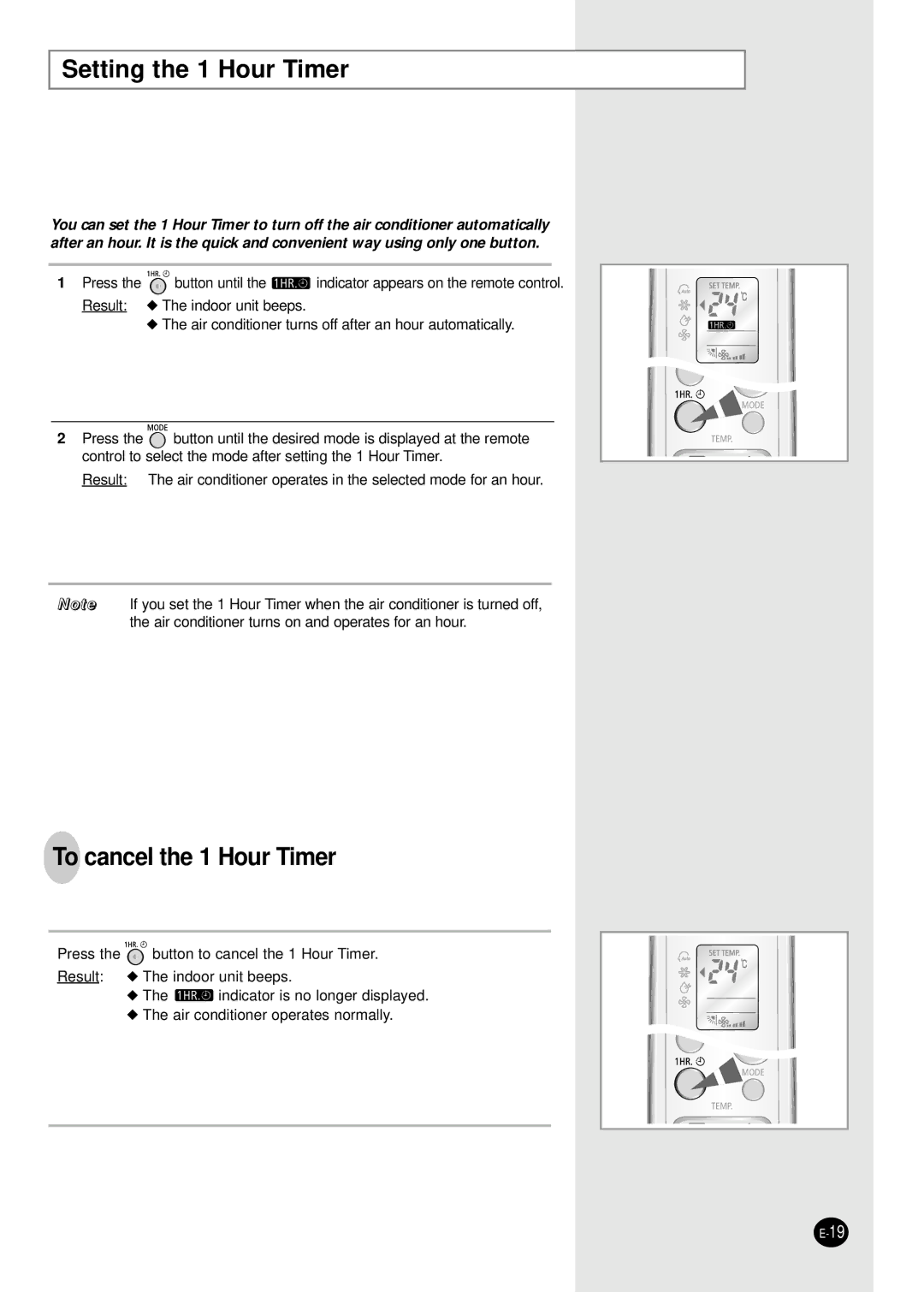 Samsung IAS18WJWE/AFR, IAS24W6WE/AFR manual Setting the 1 Hour Timer, To cancel the 1 Hour Timer 