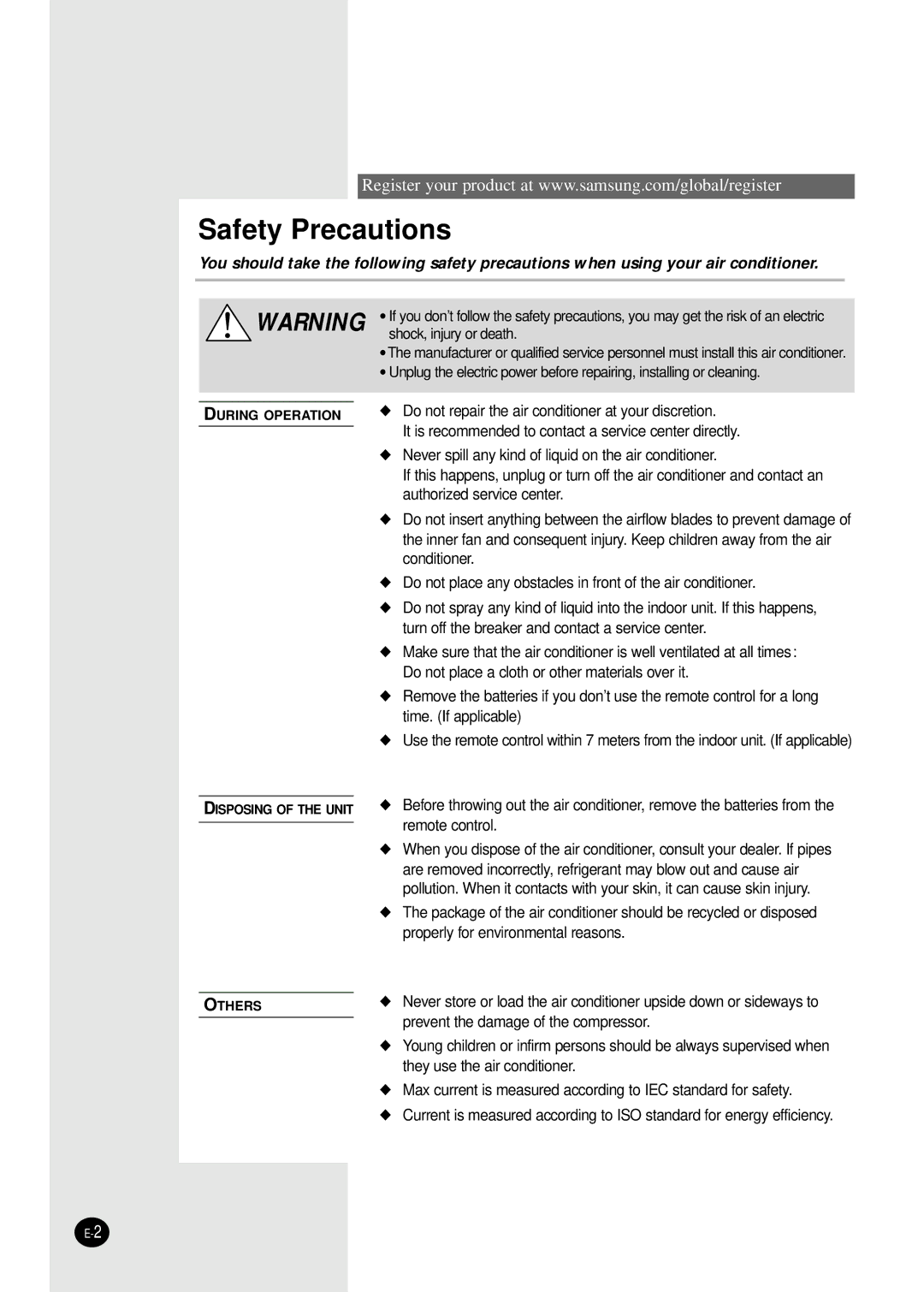 Samsung IAS24W6WE/AFR, IAS18WJWE/AFR manual Safety Precautions 