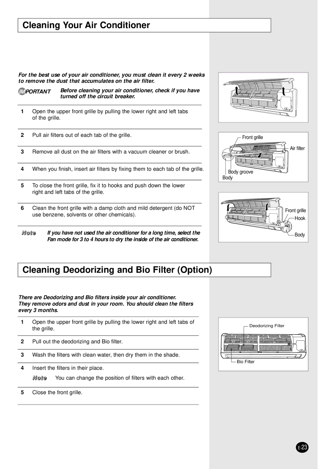 Samsung IAS18WJWE/AFR, IAS24W6WE/AFR manual Cleaning Your Air Conditioner, Cleaning Deodorizing and Bio Filter Option 