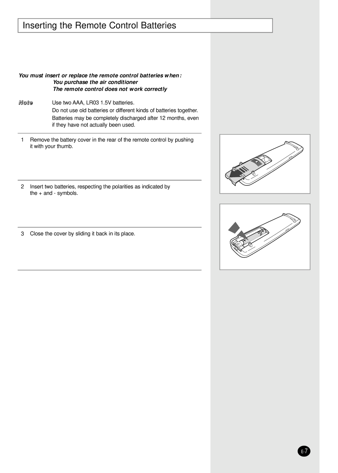 Samsung IAS18WJWE/AFR, IAS24W6WE/AFR manual Inserting the Remote Control Batteries 