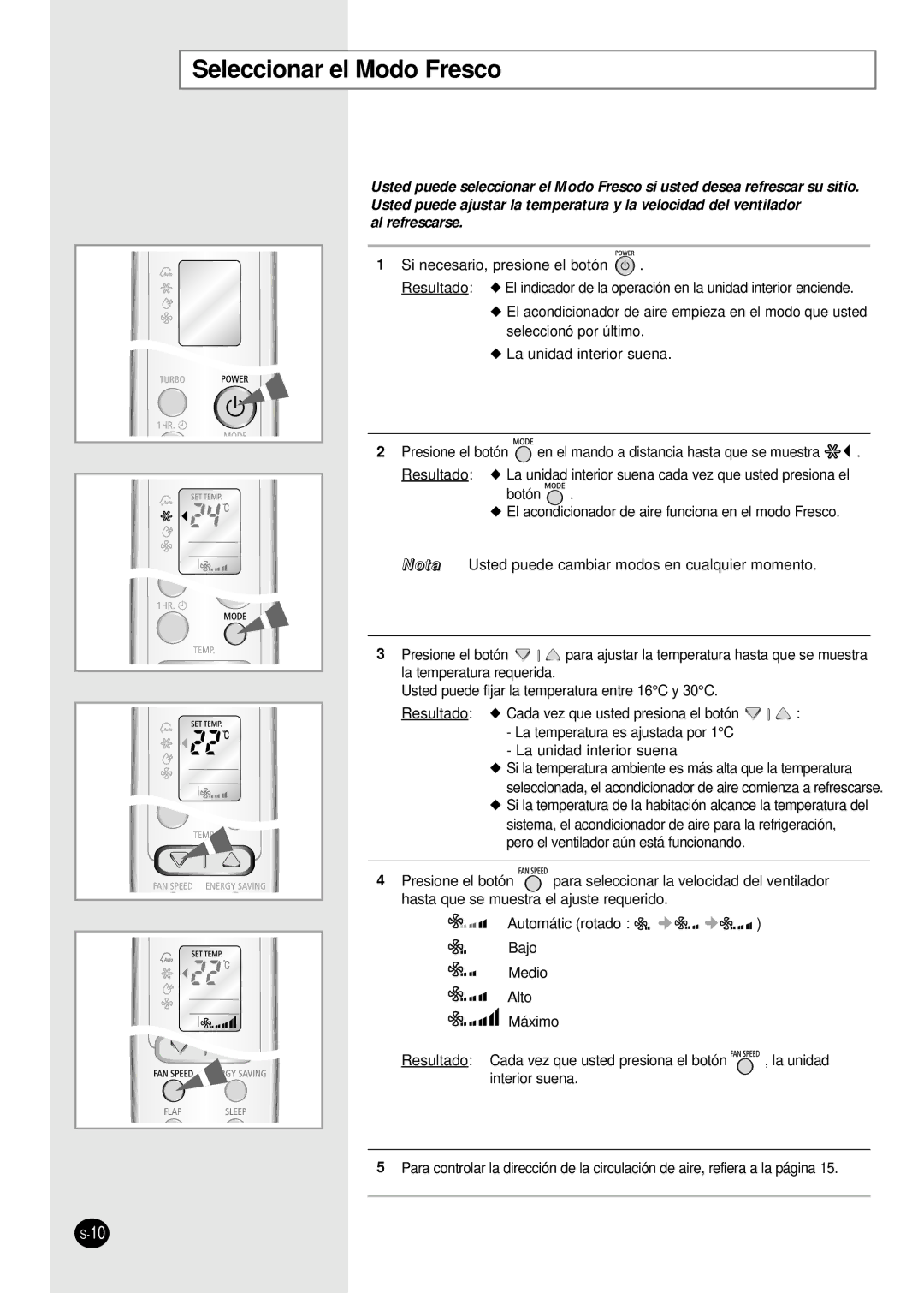 Samsung IAS24W6WE/AFR, IAS18WJWE/AFR manual Seleccionar el Modo Fresco, Al refrescarse 