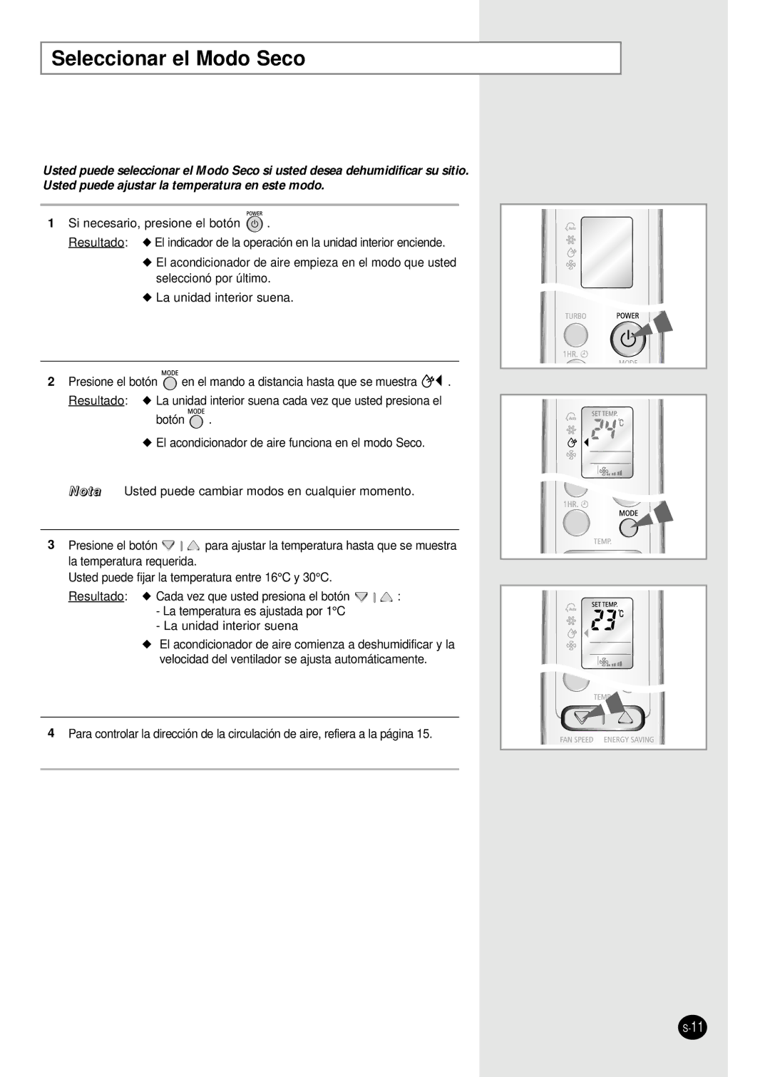 Samsung IAS18WJWE/AFR, IAS24W6WE/AFR manual Seleccionar el Modo Seco 