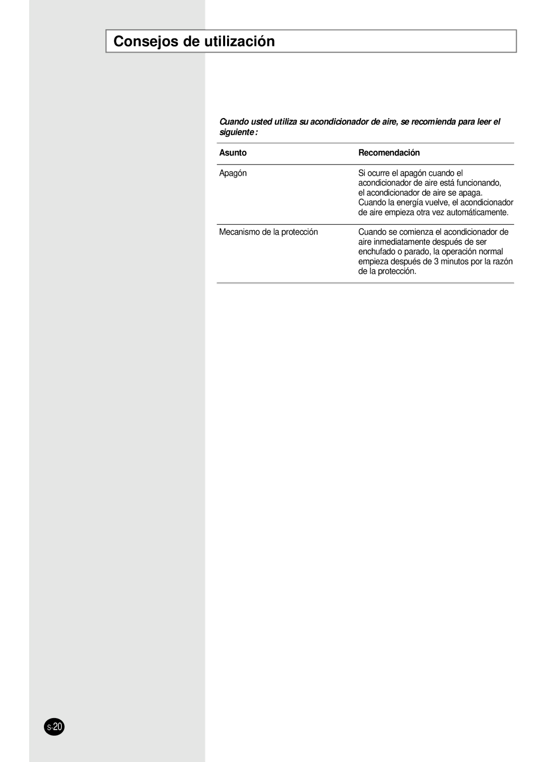 Samsung IAS24W6WE/AFR, IAS18WJWE/AFR manual Consejos de utilización, Asunto Recomendación 