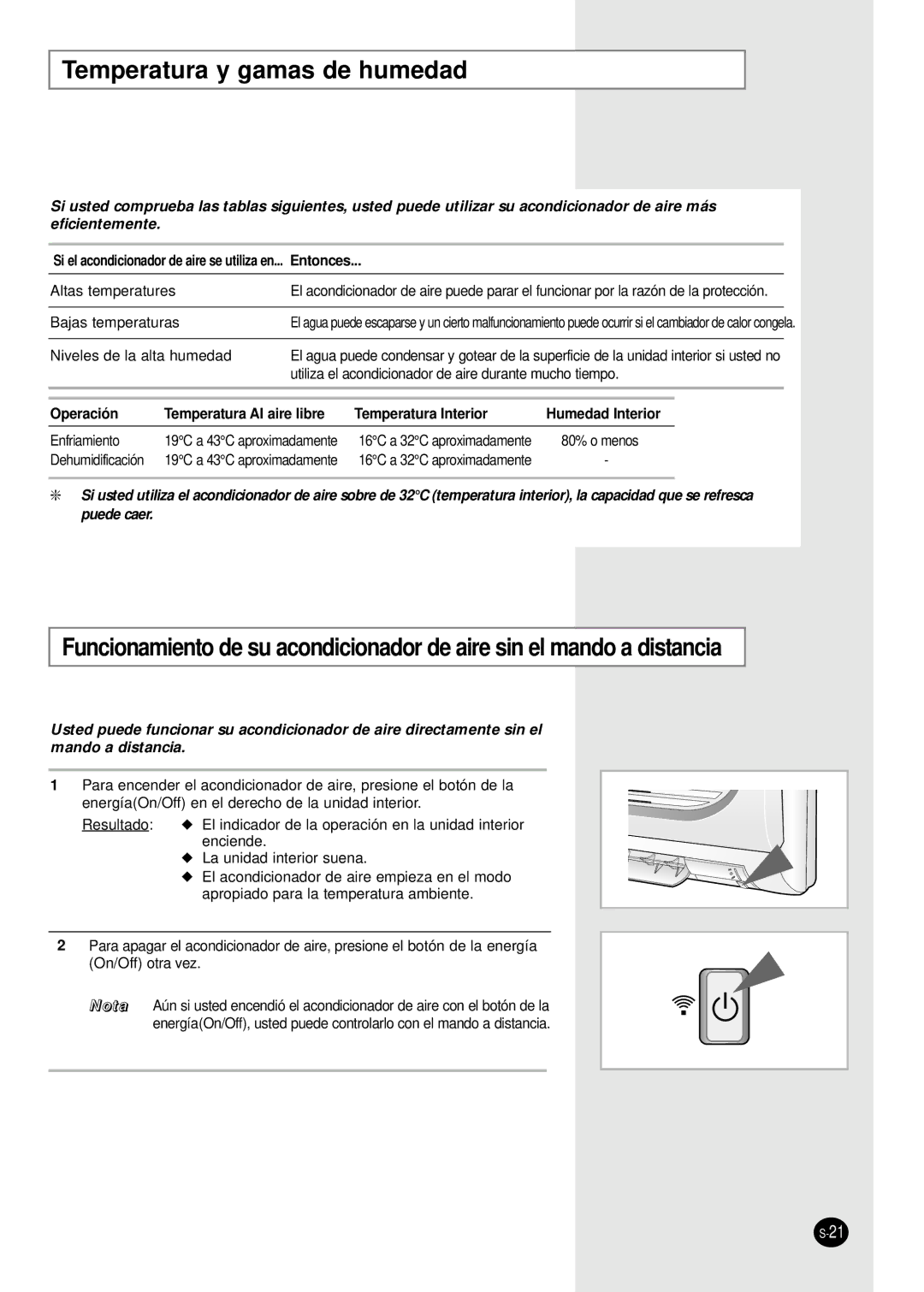 Samsung IAS24W6WE/AFR, AS18WJWE/AFR Temperatura y gamas de humedad, Si el acondicionador de aire se utiliza en... Entonces 