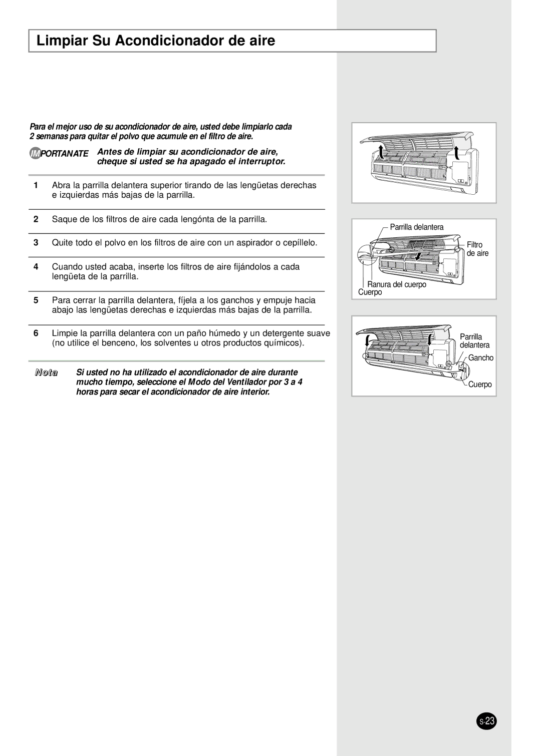 Samsung IAS18WJWE/AFR, IAS24W6WE/AFR manual Limpiar Su Acondicionador de aire, Nota 