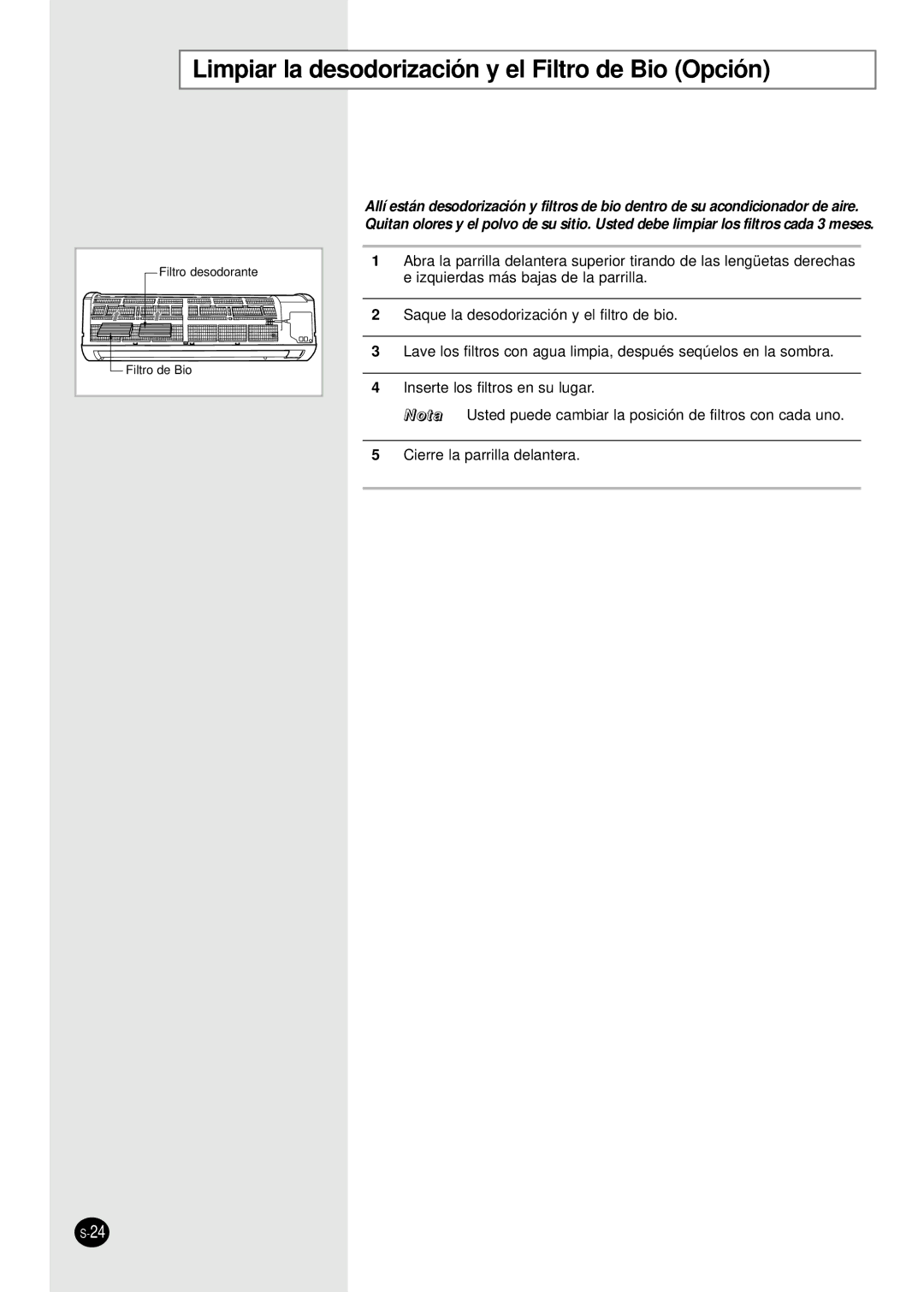 Samsung IAS24W6WE/AFR, IAS18WJWE/AFR manual Limpiar la desodorización y el Filtro de Bio Opción 