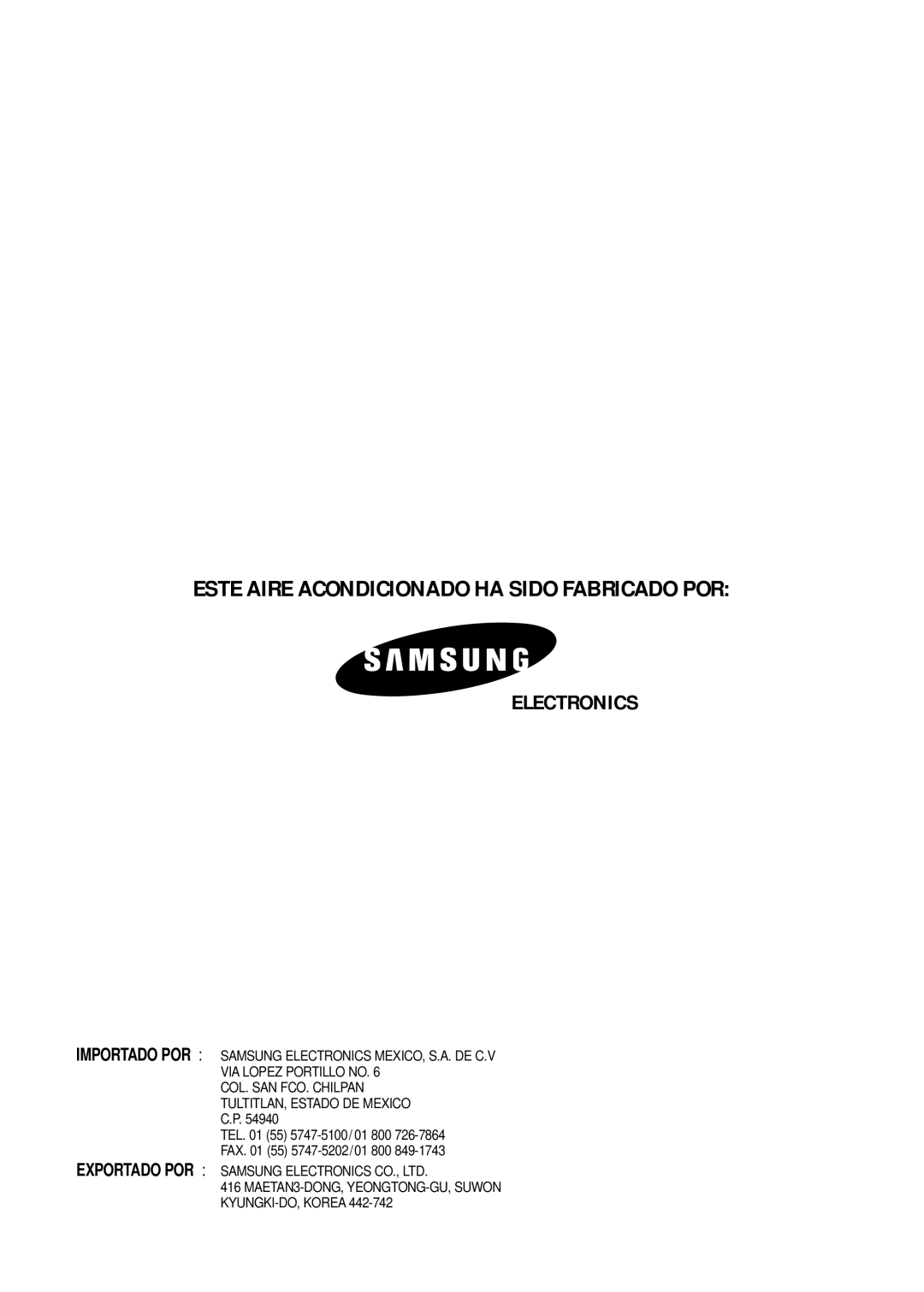 Samsung IAS24W6WE/AFR, IAS18WJWE/AFR manual Este Aire Acondicionado HA Sido Fabricado POR 