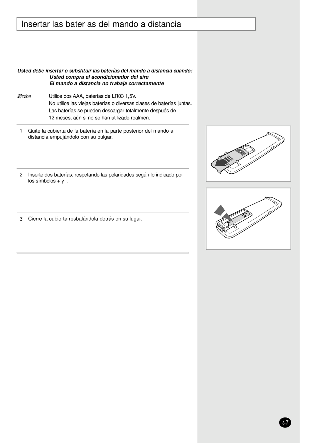 Samsung IAS18WJWE/AFR, IAS24W6WE/AFR manual Insertar las baterías del mando a distancia 