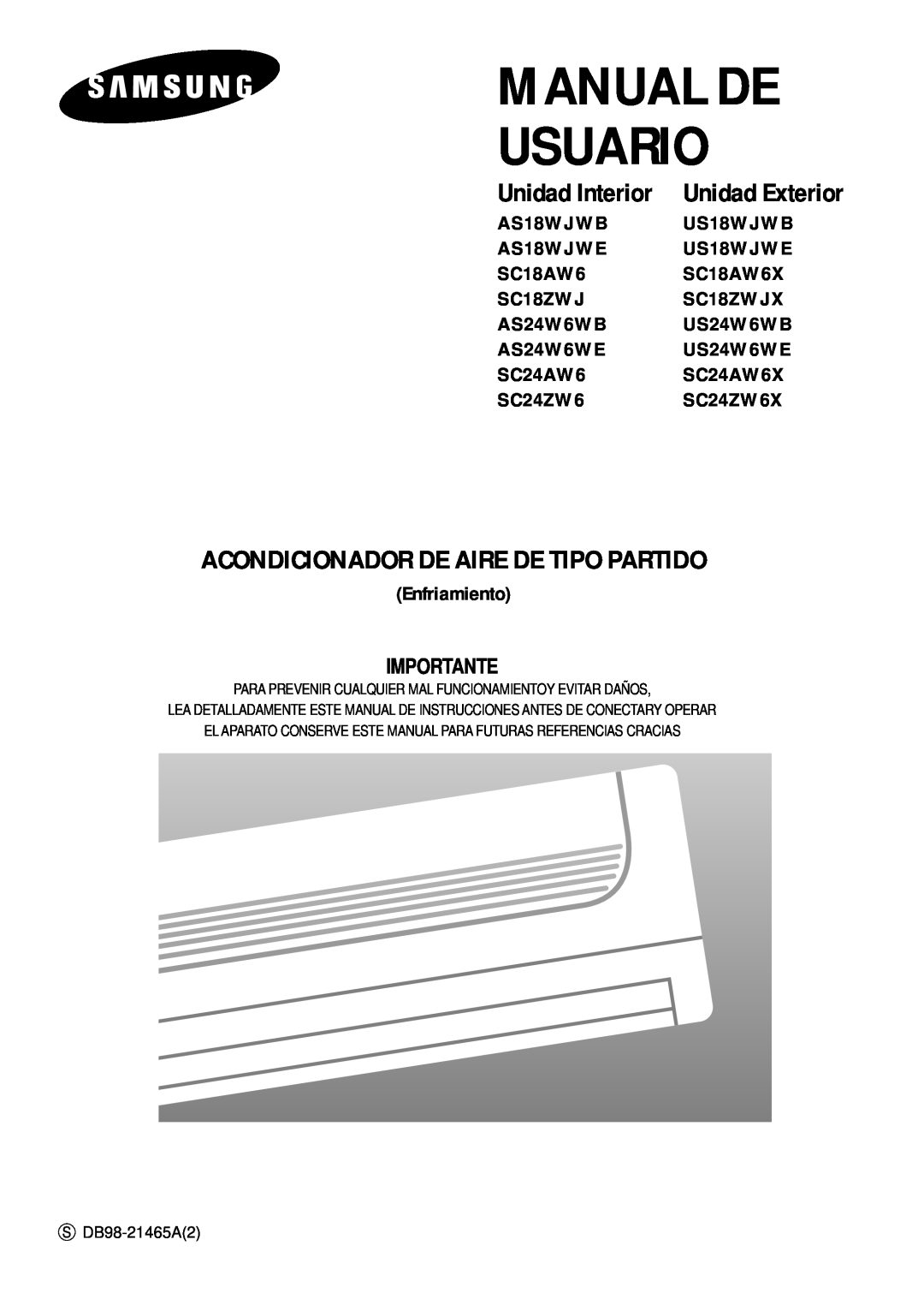 Samsung IAS24W6WE/AFR manual Unidad Exterior, Manual De Usuario, Acondicionador De Aire De Tipo Partido, Unidad Interior 