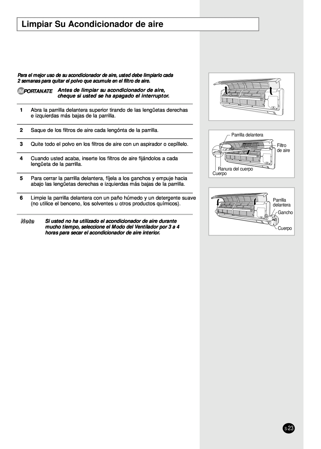 Samsung IAS18WJWE/AFR manual Limpiar Su Acondicionador de aire, Nota, horas para secar el acondicionador de aire interior 