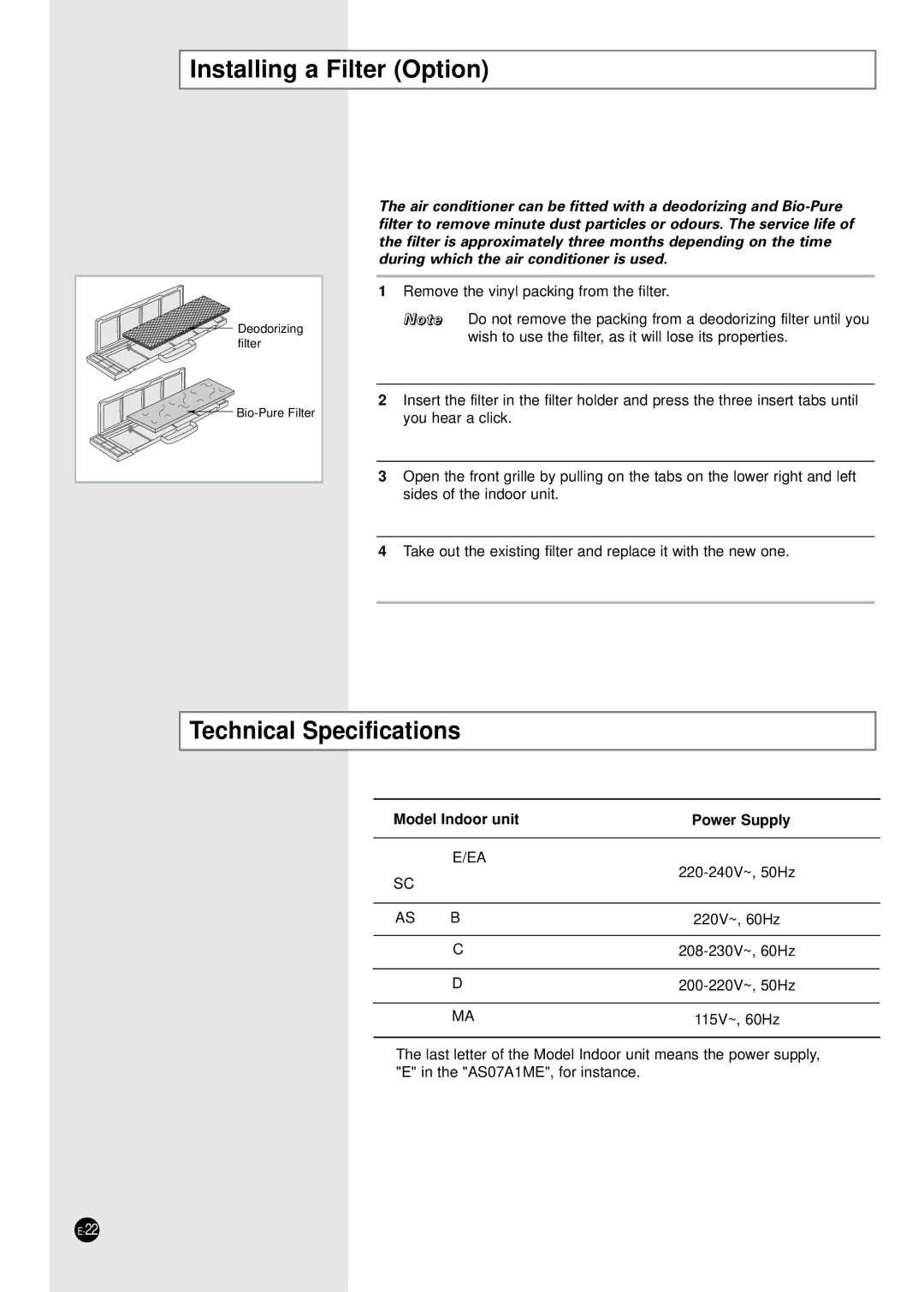 Samsung AS24B1 manuel dutilisation Installing a Filter Option, Technical Specifications, Model Indoor unit Power Supply 