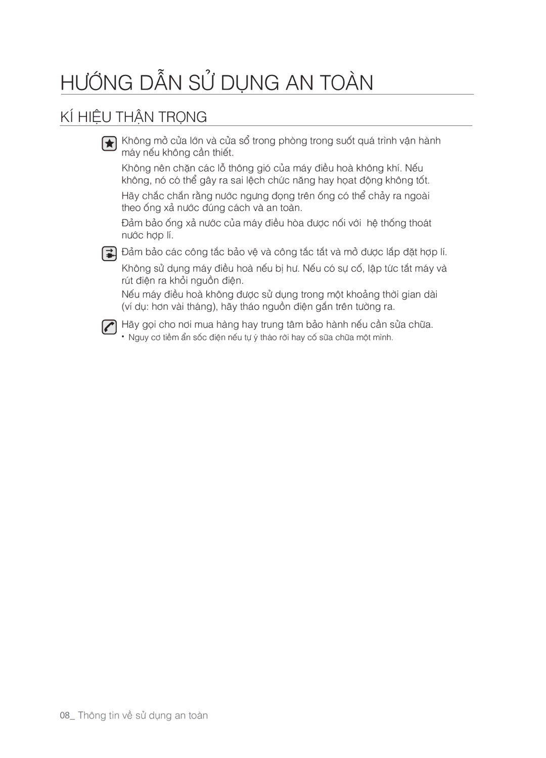 Samsung AS18ELNXSV, AS24ELNXSV, AS24ESLXXSV, AS12ELNXSV, AS24ELXXSV, AS18ELXXSV manual 08 Thoâng tin veà söû duïng an toaøn 