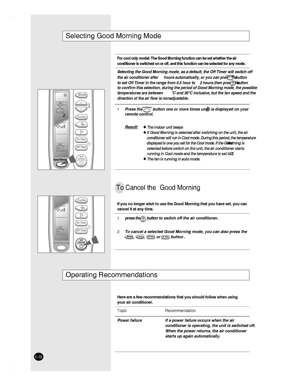 Samsung AS18FANUMG, AS24FAXMID manual Selecting Good Morning Mode, To Cancel the Good Morning, Operating Recommendations 