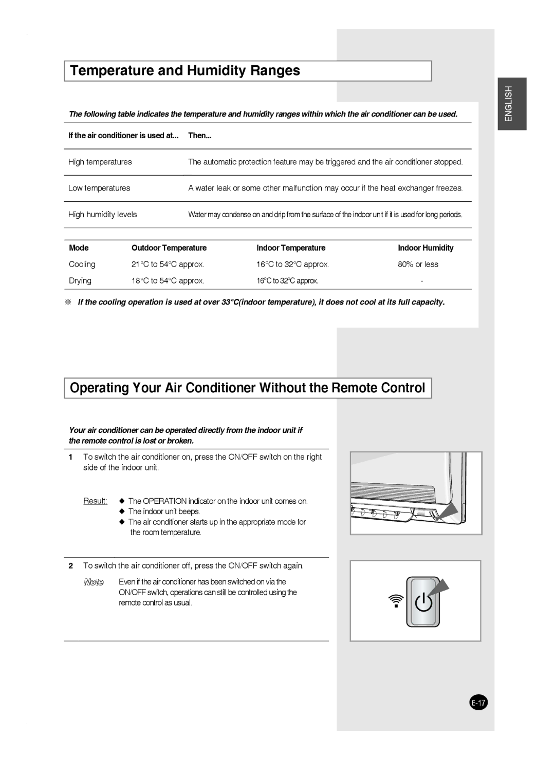 Samsung AS12FAHAC, AS24FAXMID Temperature and Humidity Ranges, Operating Your Air Conditioner Without the Remote Control 