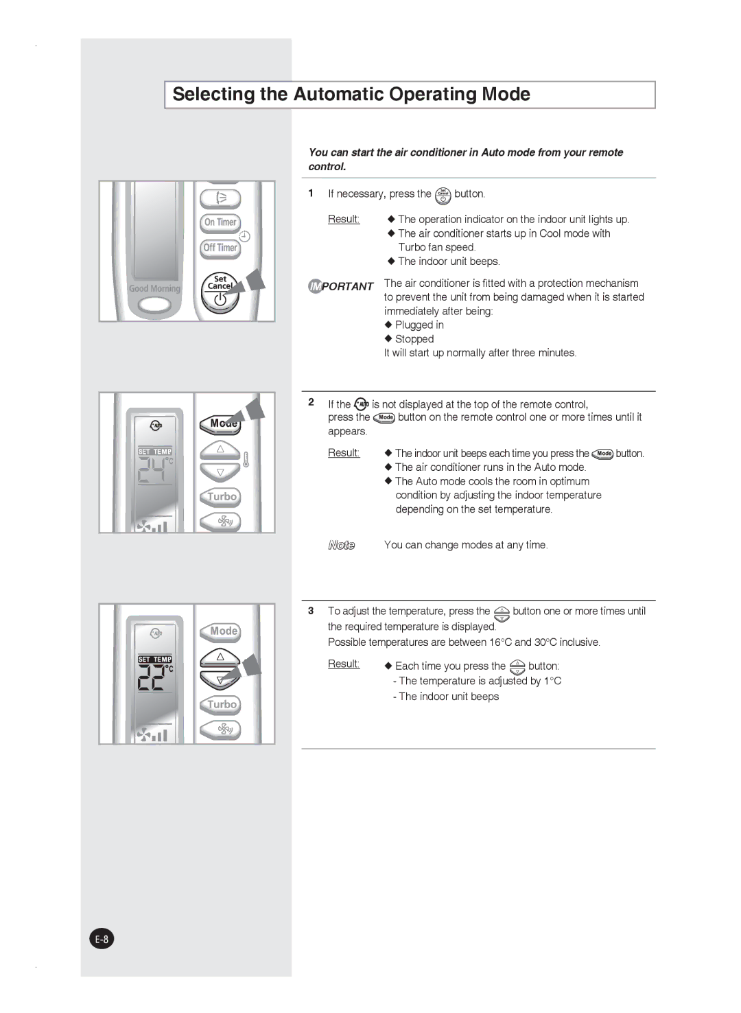 Samsung AS12FAMID, AS24FAXMID, AS18FBNMID, AS09FAMID Selecting the Automatic Operating Mode, If necessary, press the button 