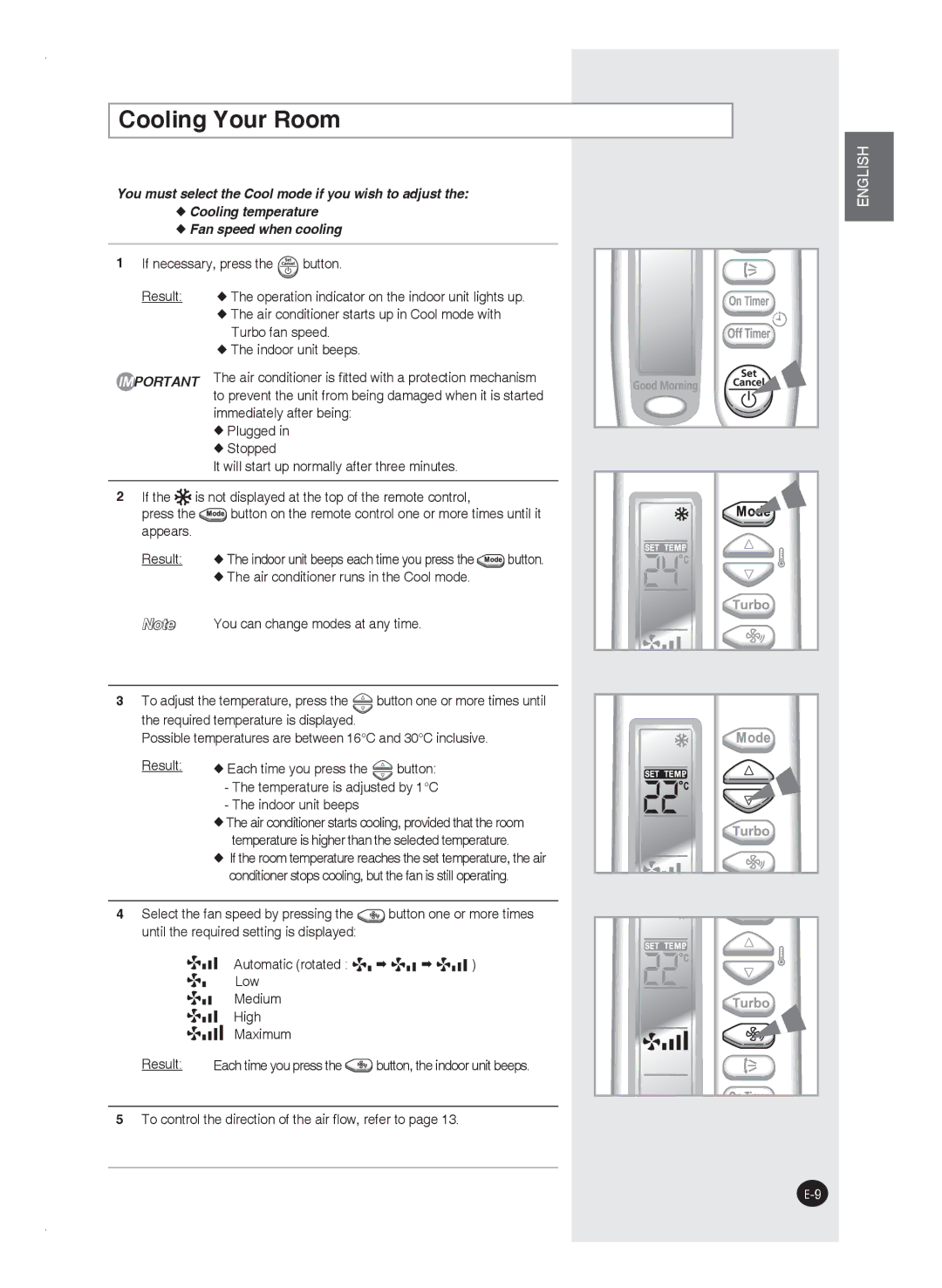 Samsung AS09FAXMID, AS24FAXMID, AS18FBNMID, AS09FAMID Cooling Your Room, To control the direction of the air ﬂow, refer to 