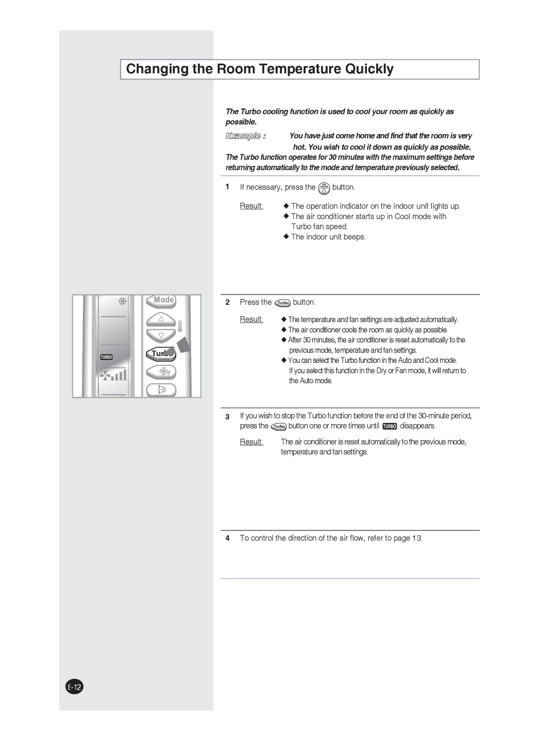 Samsung AS24FCMID Changing the Room Temperature Quickly, Press the button, Previous mode, temperature and fan settings 