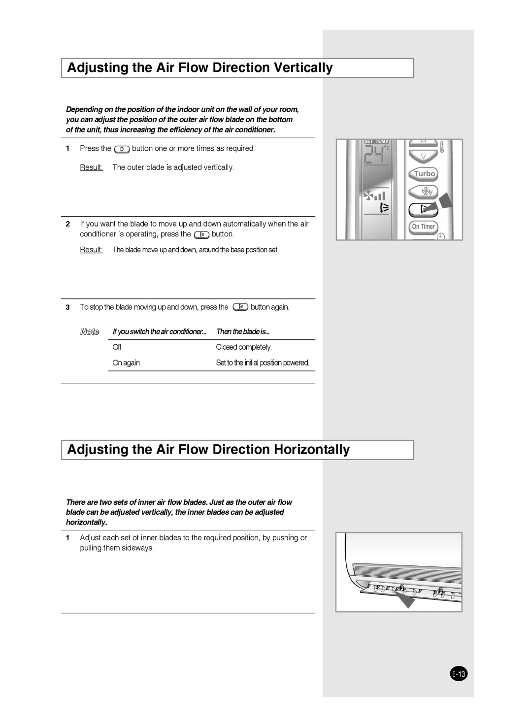 Samsung AS24FAMID, AS24FAXMID Adjusting the Air Flow Direction Vertically, Adjusting the Air Flow Direction Horizontally 