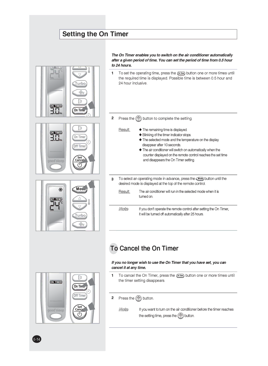 Samsung AS12FAMID, AS24FAXMID manual Setting the On Timer, To Cancel the On Timer, Turned on, Setting time, press the button 