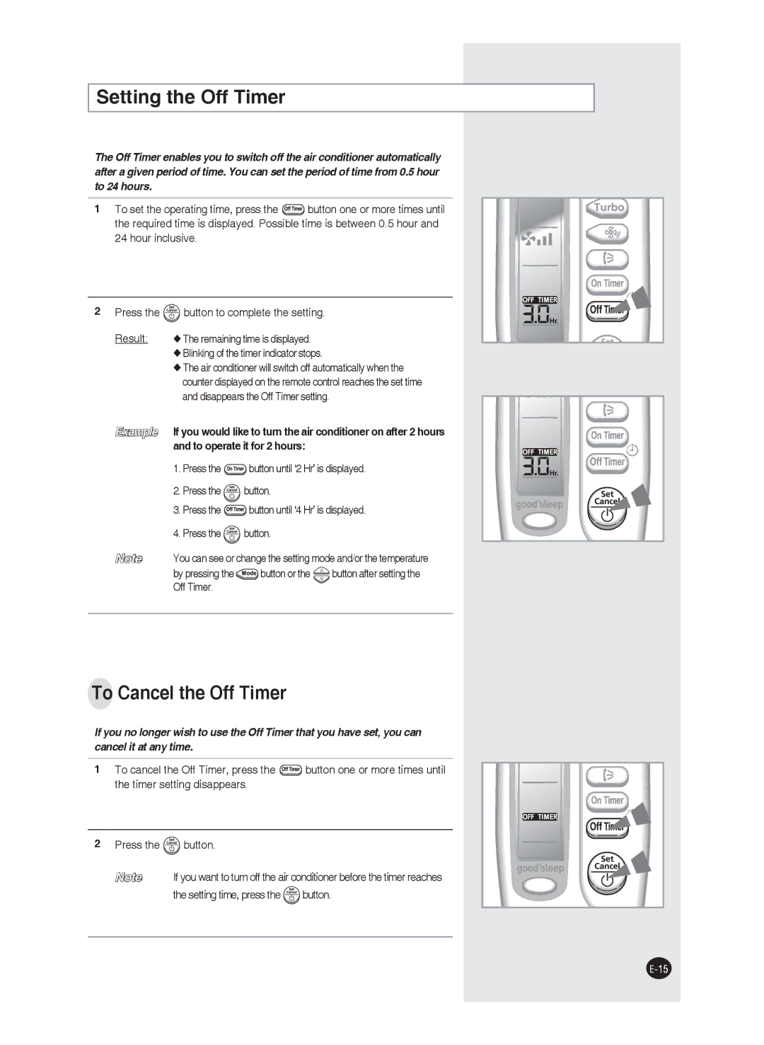 Samsung AS09FCMID, AS24FAXMID, AS18FBNMID, AS12FCXMID Setting the Off Timer, To Cancel the Off Timer, By pressing Button or 