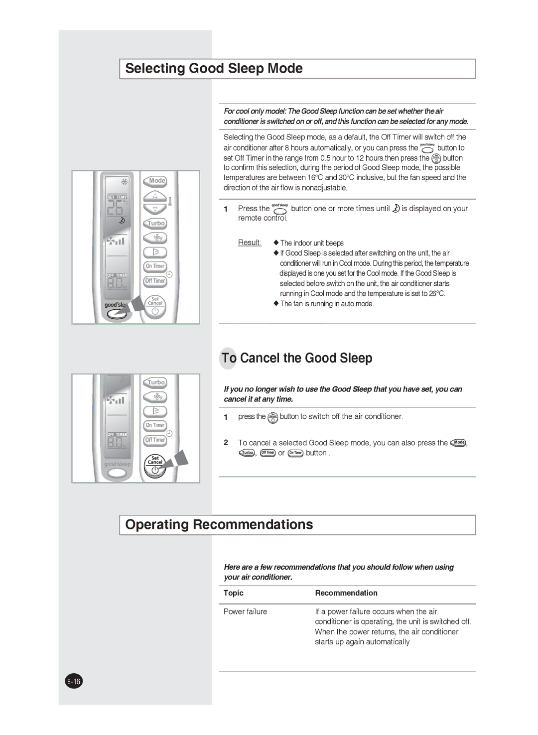 Samsung AS09FAXMID, AS24FAXMID, AS18FBNMID Selecting Good Sleep Mode, To Cancel the Good Sleep, Operating Recommendations 