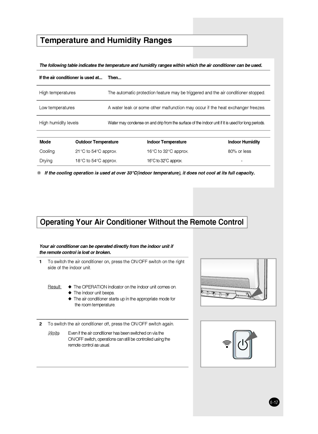 Samsung AS18FCNMID, AS24FAXMID Temperature and Humidity Ranges, Operating Your Air Conditioner Without the Remote Control 