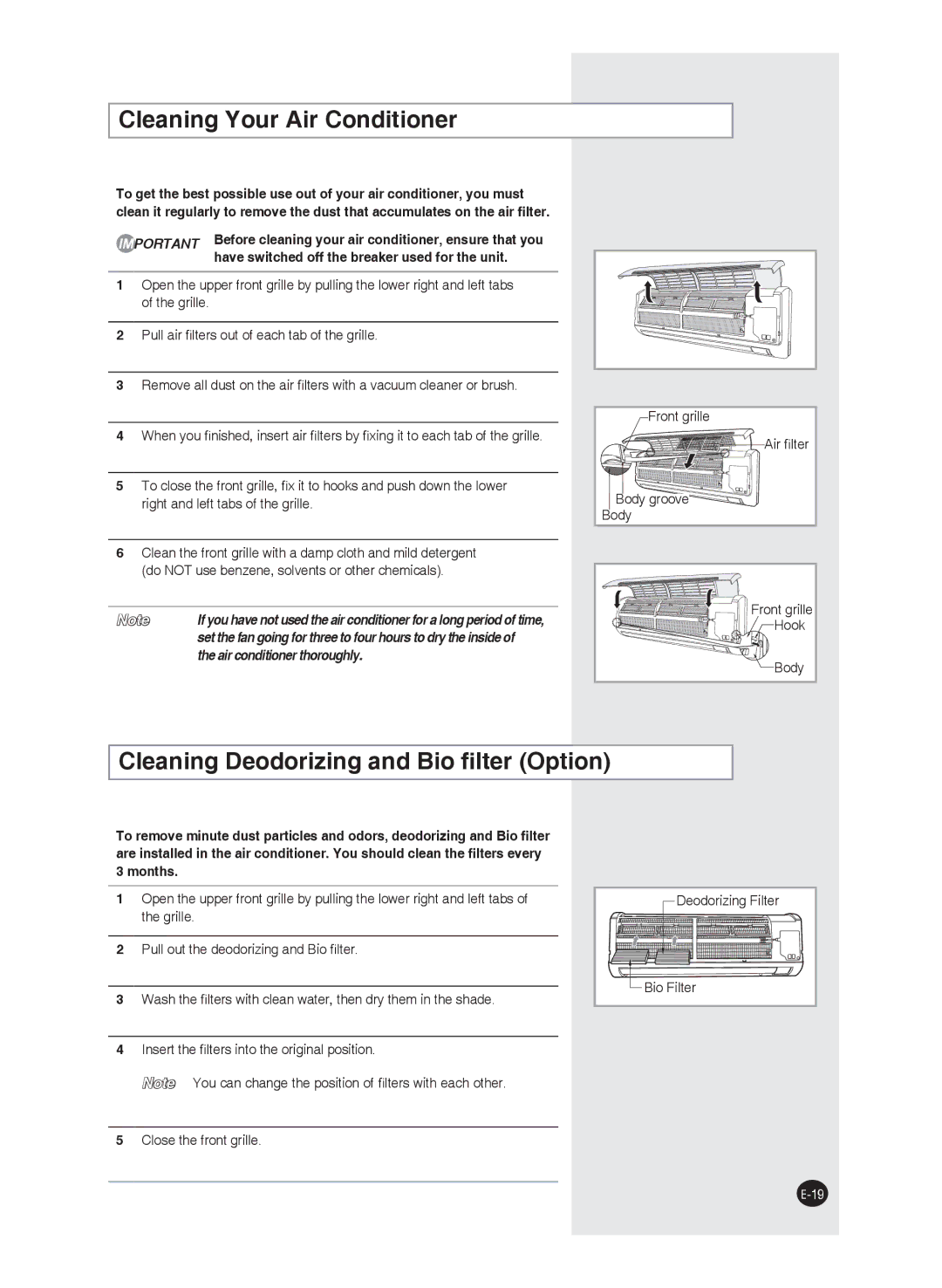 Samsung AS09FCNMID, AS24FAXMID, AS18FBNMID manual Cleaning Your Air Conditioner, Cleaning Deodorizing and Bio ﬁlter Option 